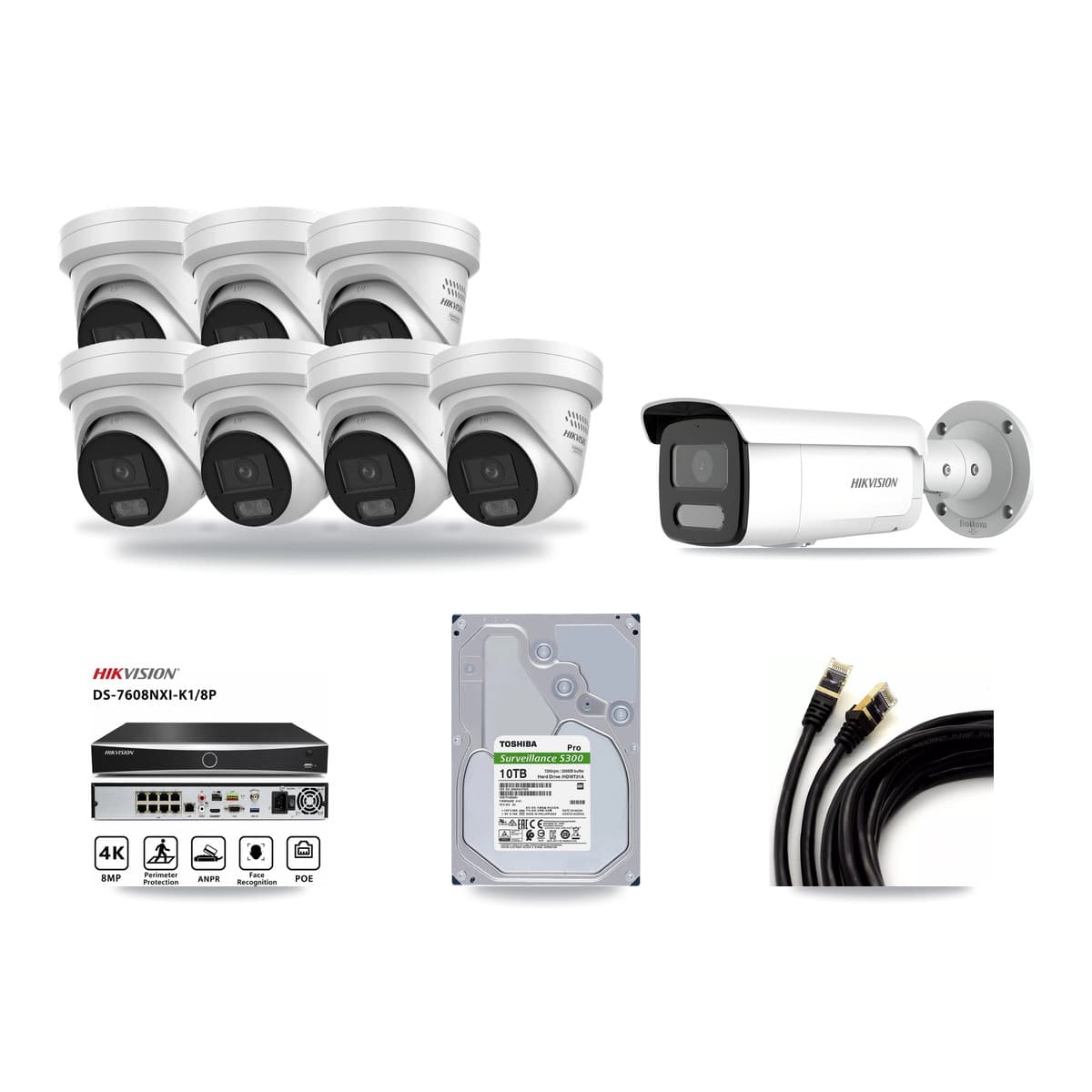 Hikvision 8-Channel 4MP CCTV Kit — 7 DS-2CD2347G3 Turret + 1 DS-2CD2T47G2H Bullet Cameras + 10TB Recording - Image 1