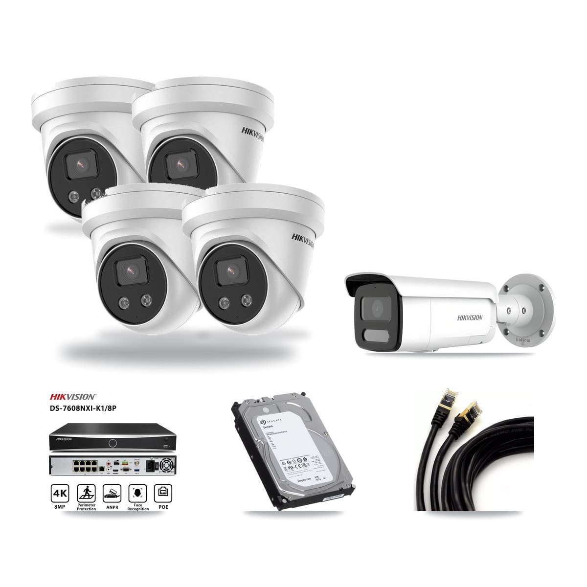 Hikvision 8-Channel 4MP – 5MP CCTV Kit — 1 4MP Bullet + 4 5MP Turret Cameras + 6TB Recording (DS-7608NXI Recorder) - Image 1