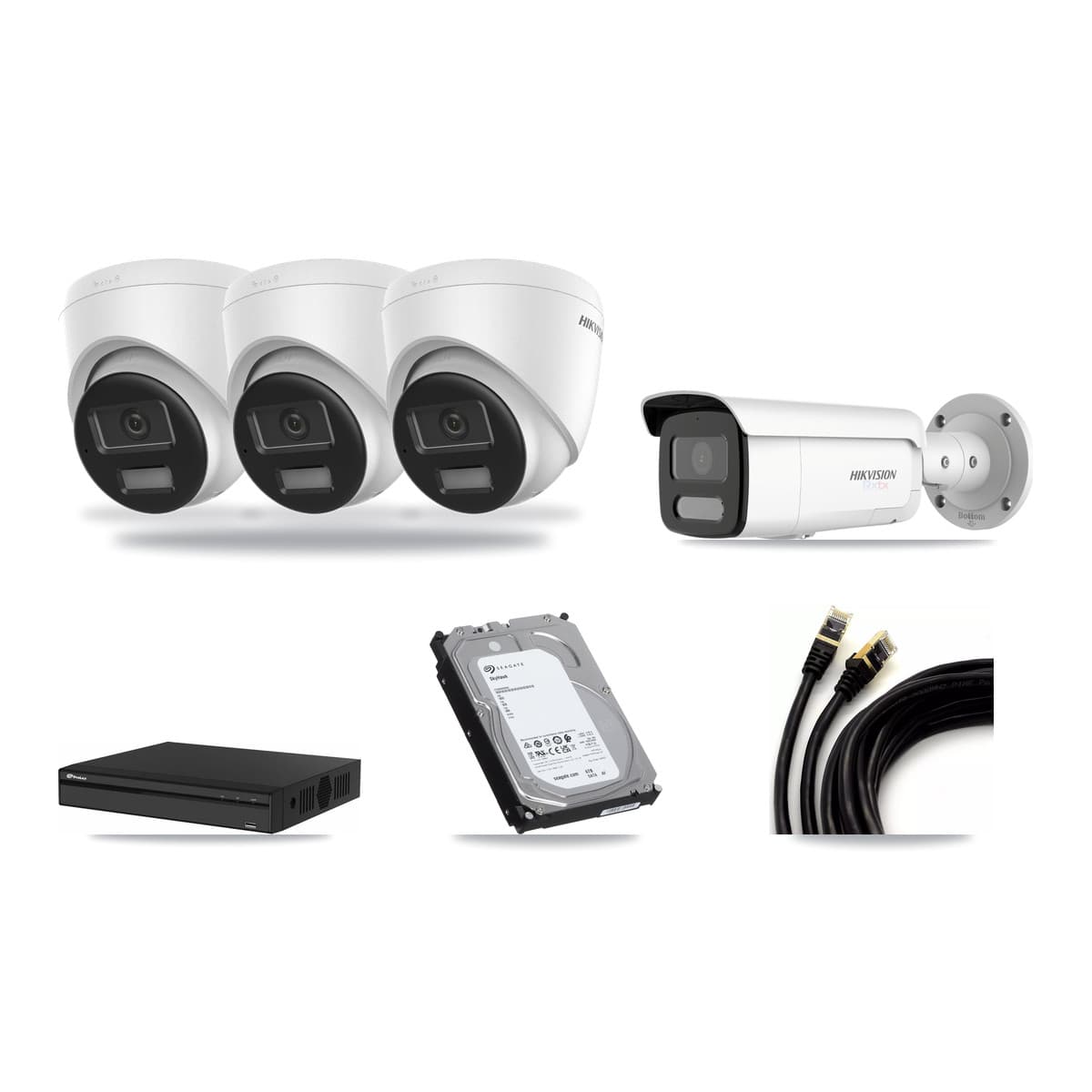 Hikvision & Prolux 4-Channel 4K CCTV Kit — 3 DS-2CD1383G2-LIUF/SL Turret + 1 White DS-2CD2T87G2H-LISU/SL-2.8MM-W Bullet Cameras + 6TB Recording (PXN-2104HS-4P-4K Recorder) - Image 1