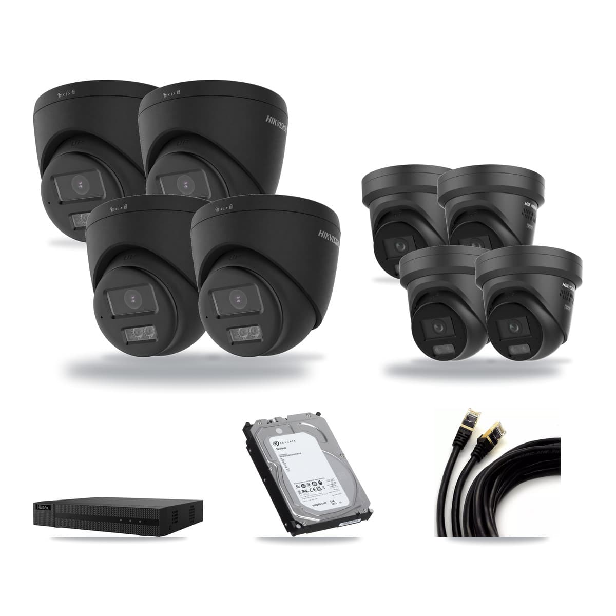 HiLook 8-channel CCTV kit: 8 cameras (4× 4K Turret + 4× 4K Black Turret), 6TB hard drive