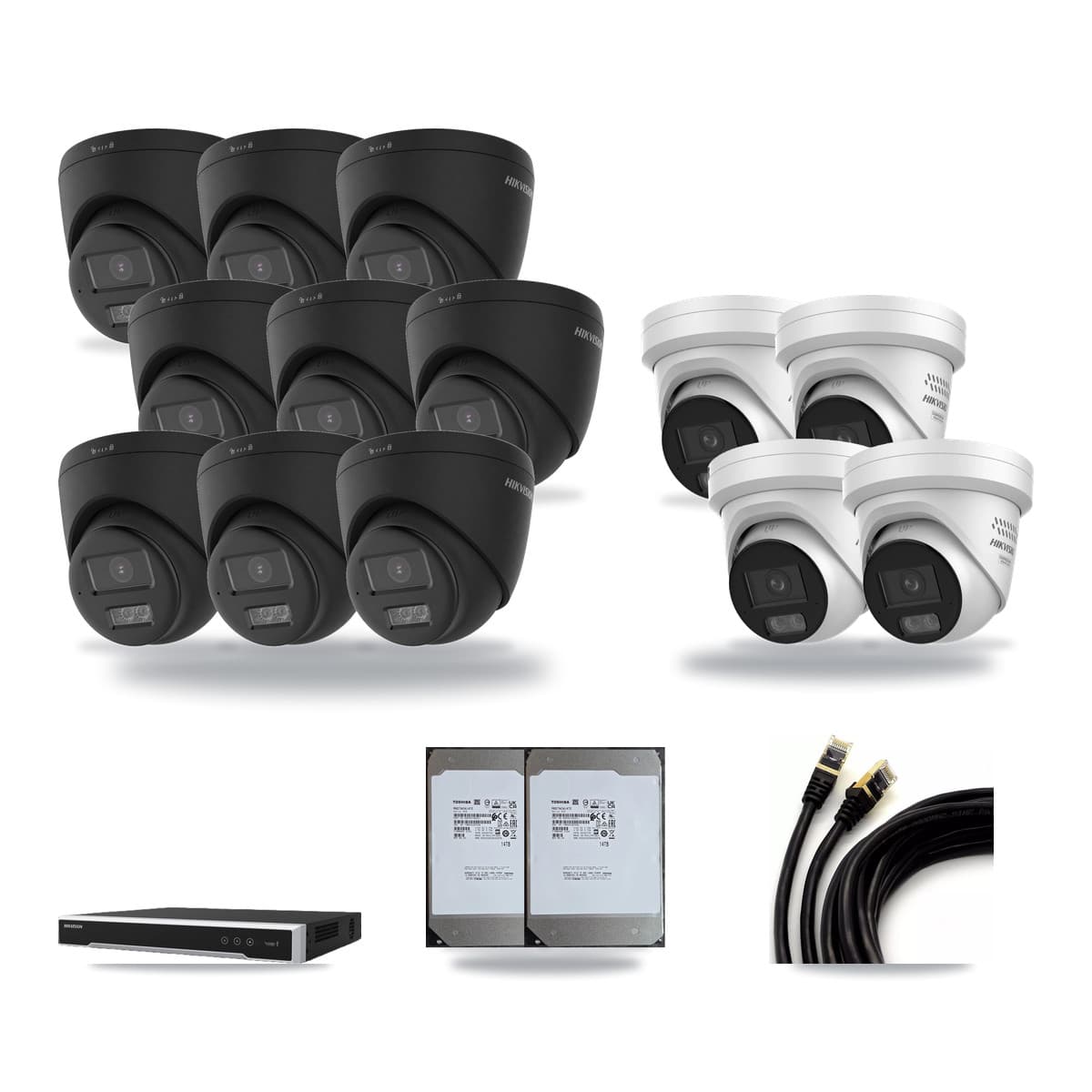 Hikvision 16-Channel 4MP – 4K CCTV Kit — 9 Black 4K + 4 4MP Turret Cameras + 2× 14TB Recording (DS-7616NI-M2 Recorder) - Image 1