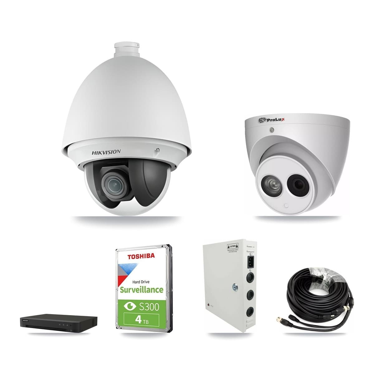 Hikvision & Prolux 8-Channel 2MP – 4MP CCTV Kit — 4 DS-2AE4225T-A 2MP PTZ + 1 PXC-612C4W-A-POC 4MP Turret Cameras + 4TB Recording (IDS-7208HUHI-M1/XT Recorder)