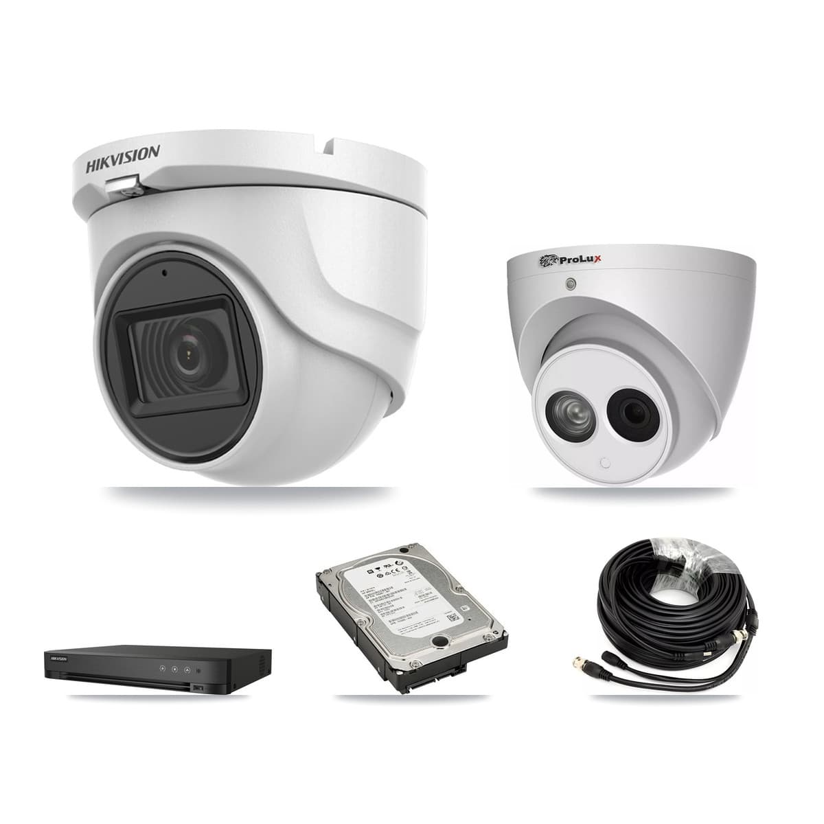 Hikvision & Prolux 4-Channel 4MP – 5MP CCTV Kit — 3 DS-2CE76H0T 5MP + 1 PXC-612C4W-A 4MP Turret Cameras + 5TB Recording - Image 1