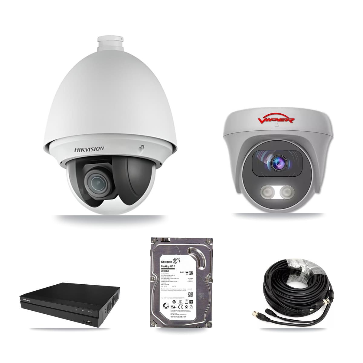 8-Channel 2MP – 5MP CCTV Kit — 1 DS-2AE4225T 2MP PTZ + 1 White VIPER-5MP-3K 5MP Cameras + 2TB Recording (PXD-5208AN Recorder) - Image 1