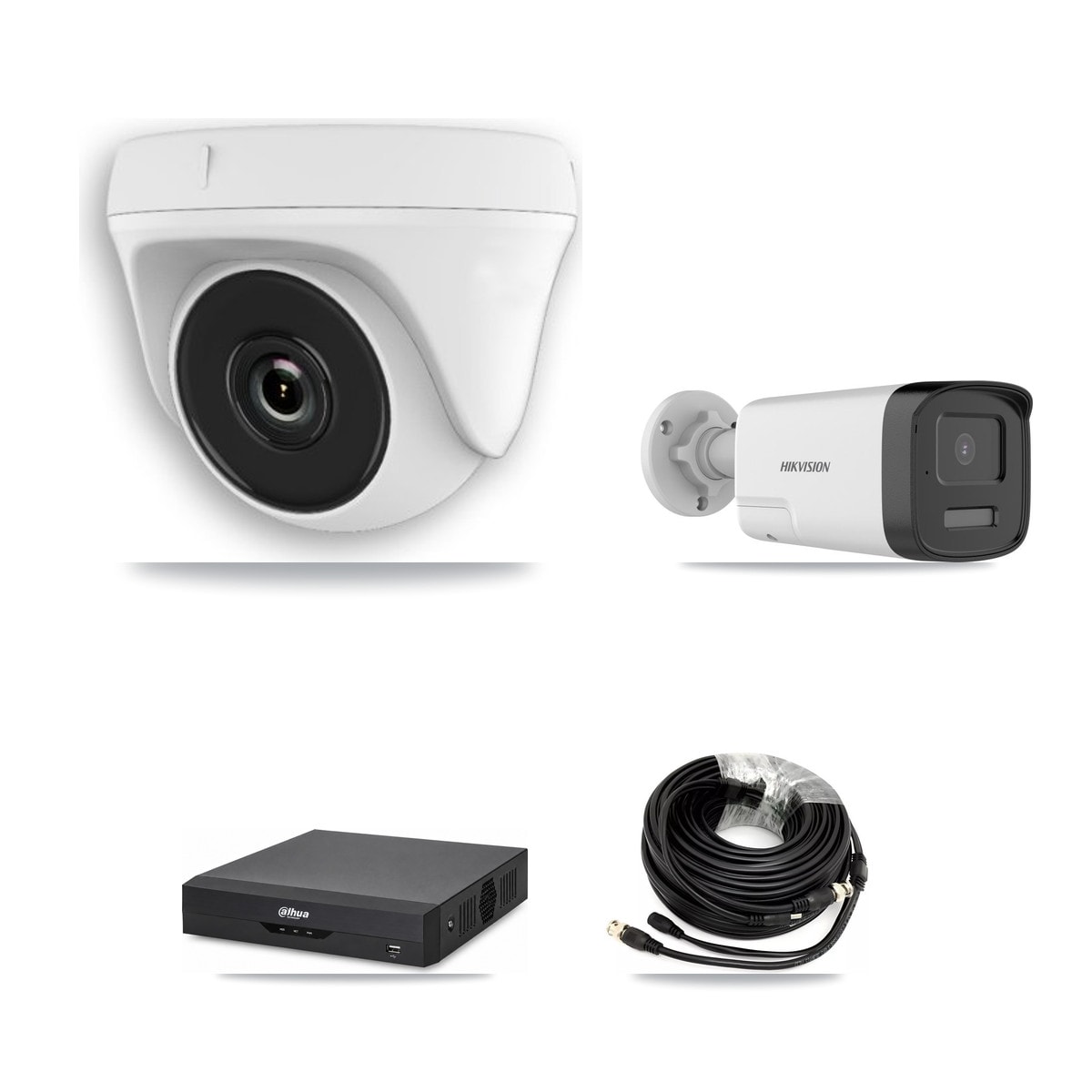 Hikvision & Dahua 4-Channel 2MP – 5MP CCTV Kit — 1 DS-2CE17K0T 5MP Bullet + 3 White HDT-2MP-N20W 2MP Dome Cameras + 3TB Recording