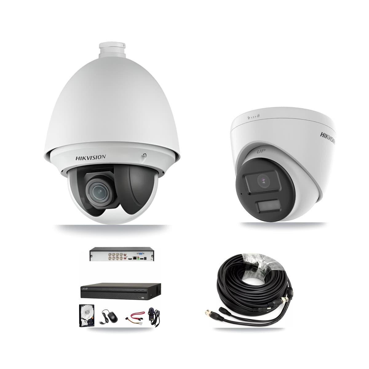 Hikvision & Dahua 8-Channel 2MP – 4K CCTV Kit — 1 2MP PTZ + 1 4K Turret Cameras + 3TB Recording (XVR-3108AD Recorder)