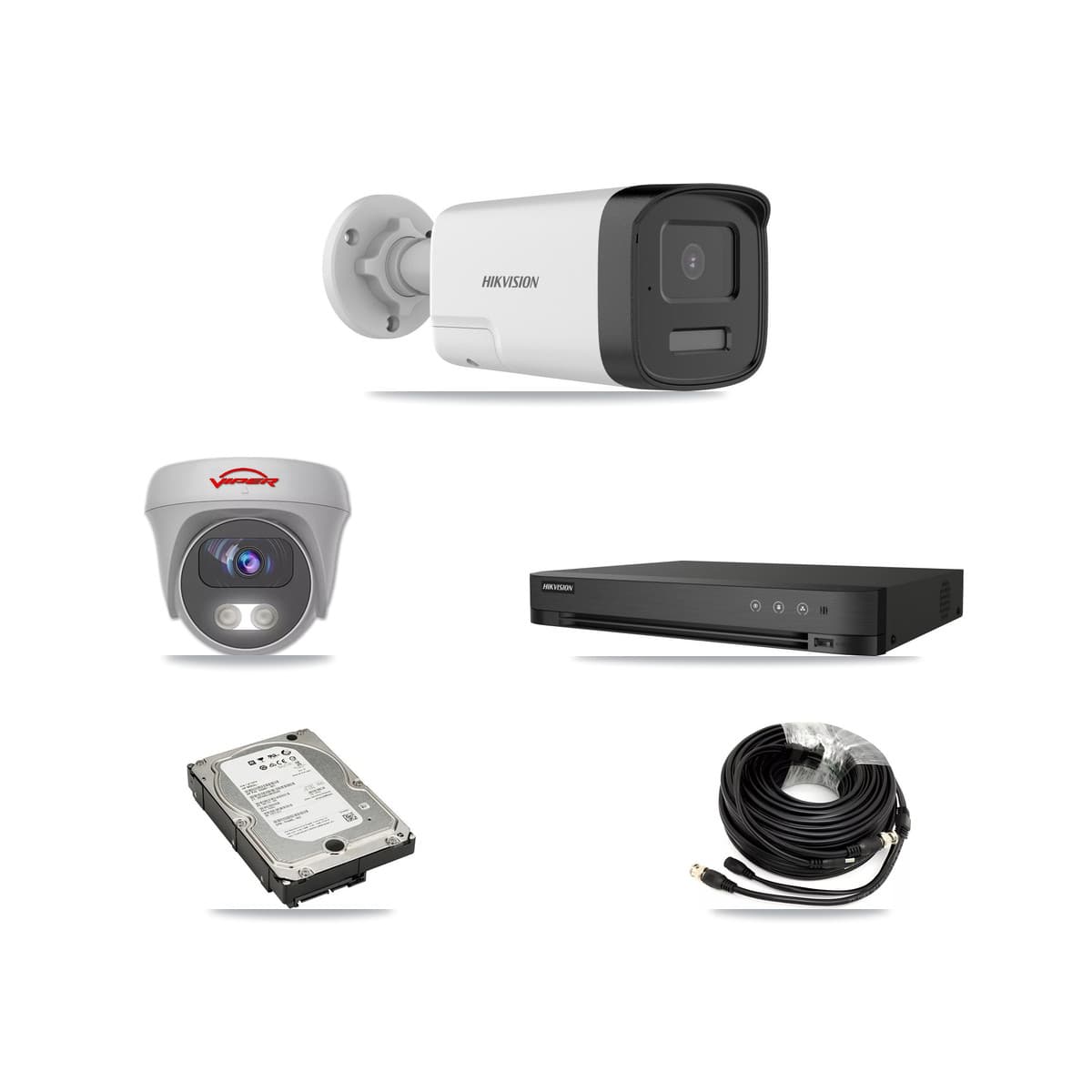 Hikvision & Viper 4-Channel 5MP CCTV Kit — 3 DS-2CE17K0T Bullet + 1 White VIPER-5MP-3K Cameras + 5TB Recording (IDS-7204HQHI Recorder)