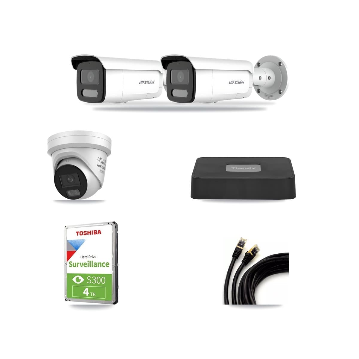 Hikvision & Tiandy 4-Channel 4MP CCTV Kit — 1 DS-2CD2347G3 Turret + 2 DS-2CD2T47G2H Bullet Cameras + 4TB Recording - Image 1