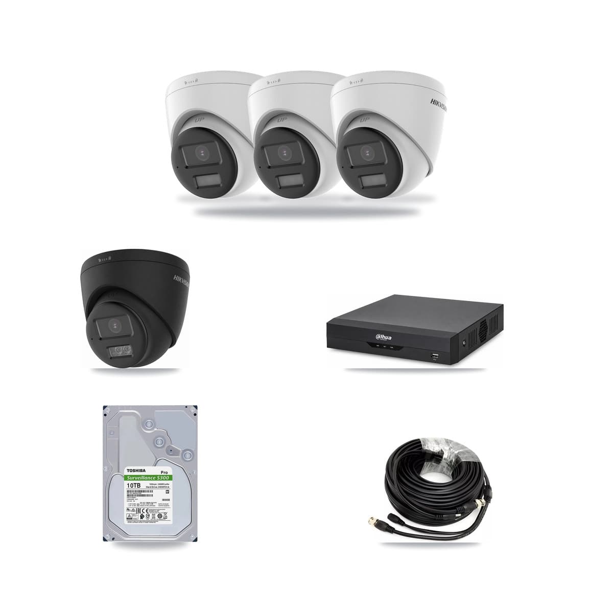 Hikvision & Dahua 4-Channel 4K CCTV Kit — 3 DS-2CE78U0T + 1 DS-2CE78U0T Turret Cameras + 10TB Recording - Image 1