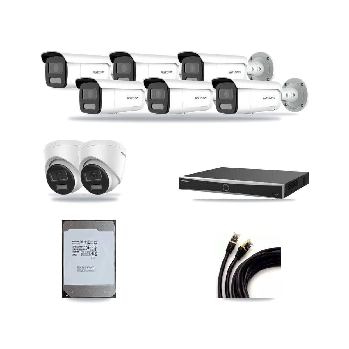 Hikvision 16-Channel 4MP – 4K CCTV Kit — 2 DS-2CD1383G2-LIUF/SL 4K Turret + 6 DS-2CD2T47G2H-LISU/SL 4MP Bullet Cameras + 14TB Recording (DS-7616NXI-K2/16P(E) Recorder) - Image 1