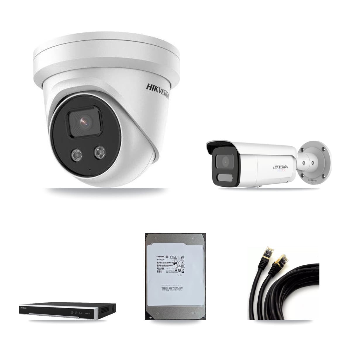Hikvision DS-7616NI-M2/16P 16-Channel NVR CCTV Kit — 1× DS-2CD2T87G2H-LISU/SL-2.8MM-W White 4K Bullet + 15× DS-2CD3356G2-ISU 5MP Turret Cameras + 14TB HDD