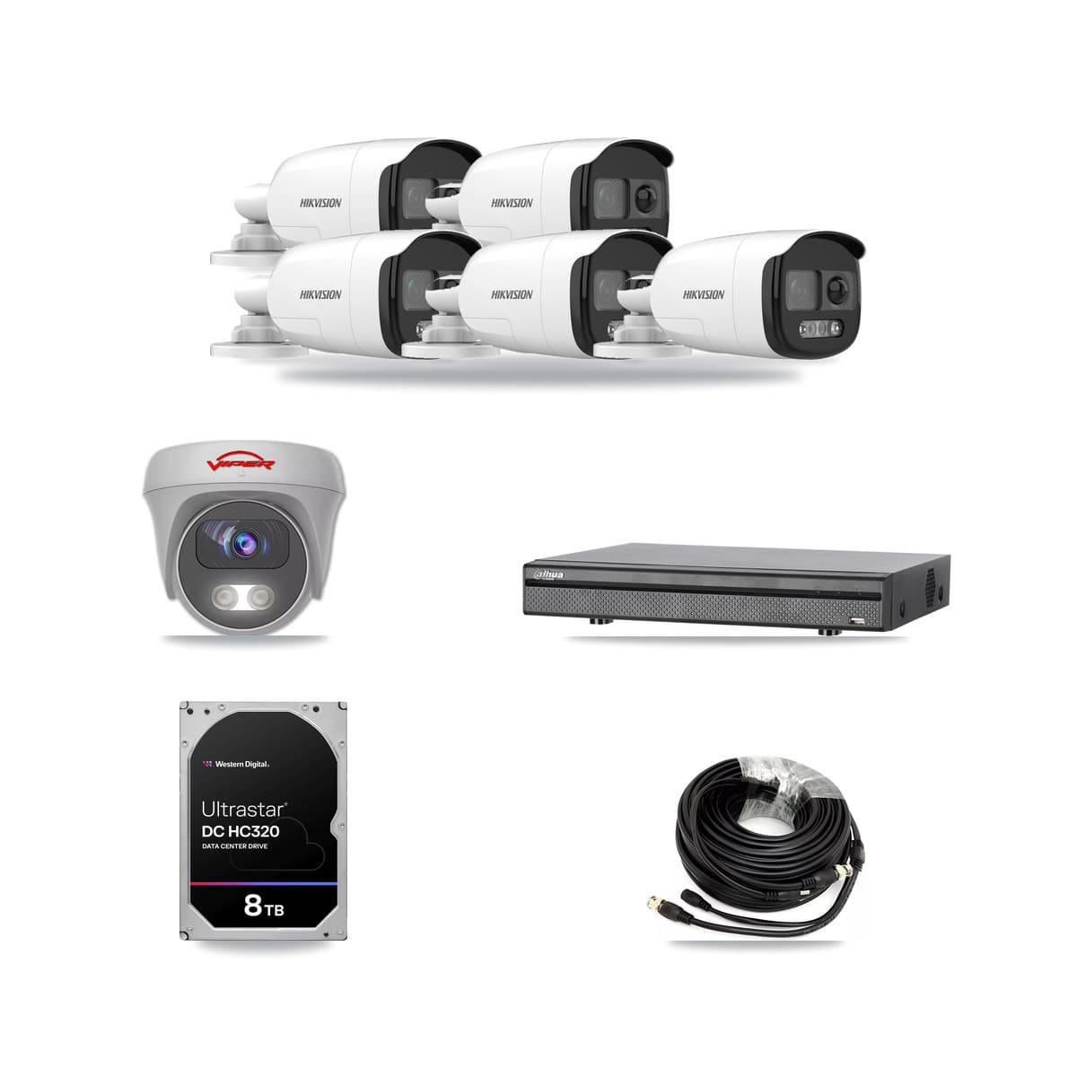 8-Channel 5MP CCTV Kit — 5 DS-2CE12KF3T Bullet + 1 White VIPER-5MP-3K Cameras + 8TB Recording (DH-XVR5108H Recorder) - Image 1