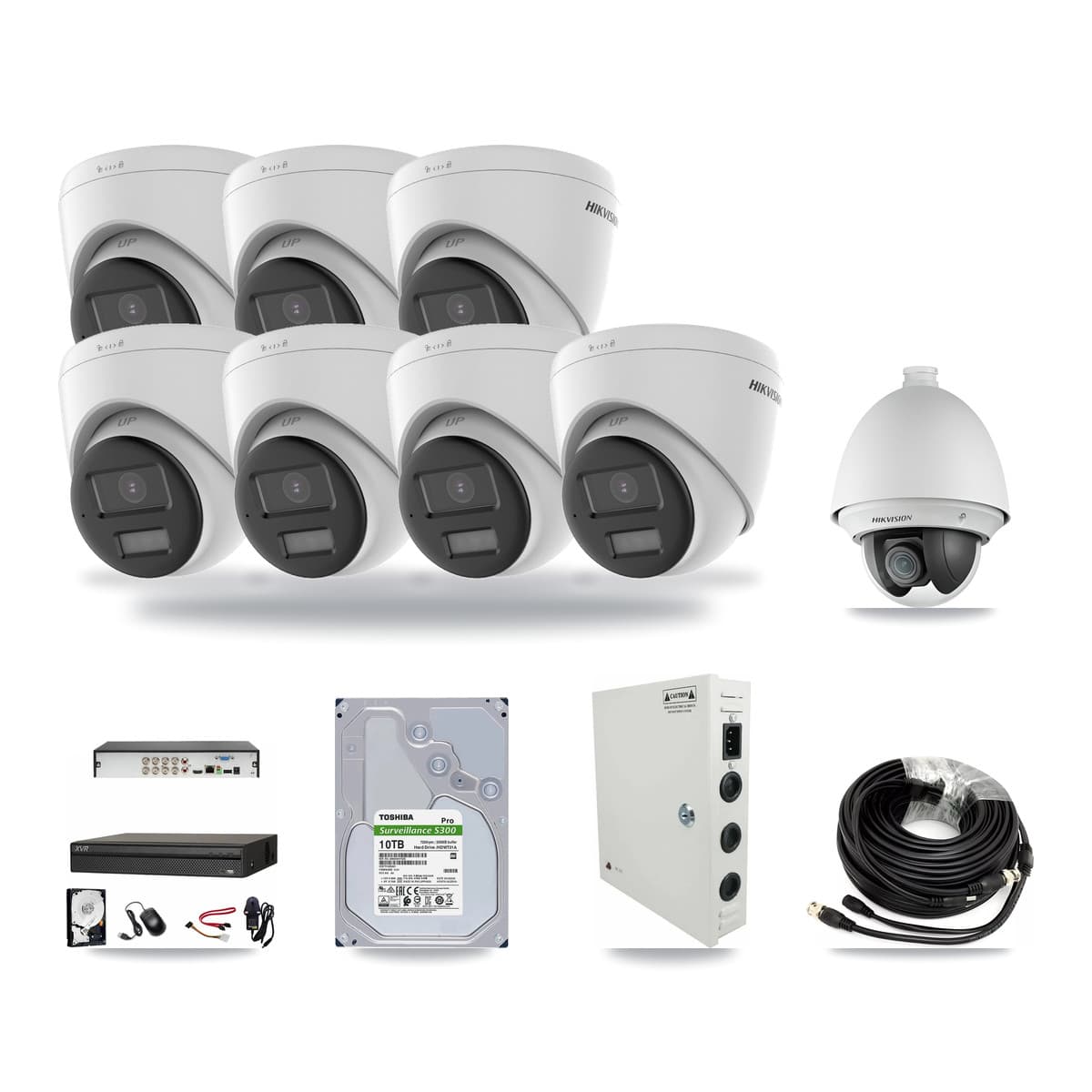 Hikvision & Dahua 8-Channel 2MP – 4K CCTV Kit — 1 2MP PTZ + 7 4K Turret Cameras + 10TB Recording - Image 1