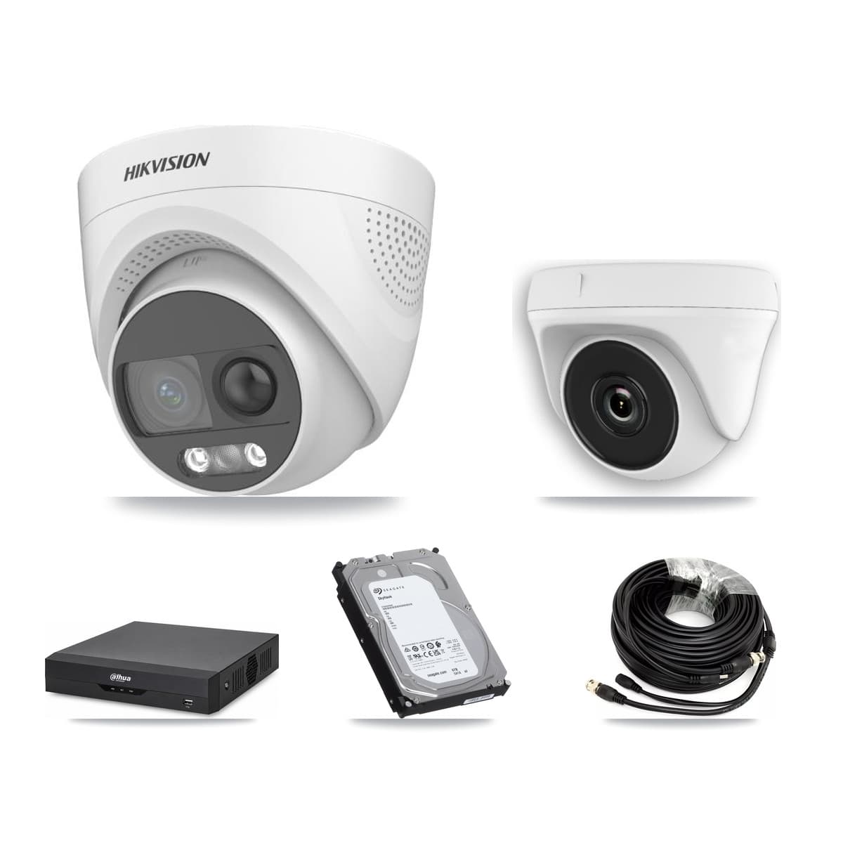 Hikvision & Dahua 4-Channel 2MP – 5MP CCTV Kit — 3 DS-2CE72KF3T 5MP Turret + 1 White HDT-2MP-N20W 2MP Dome Cameras + 6TB Recording