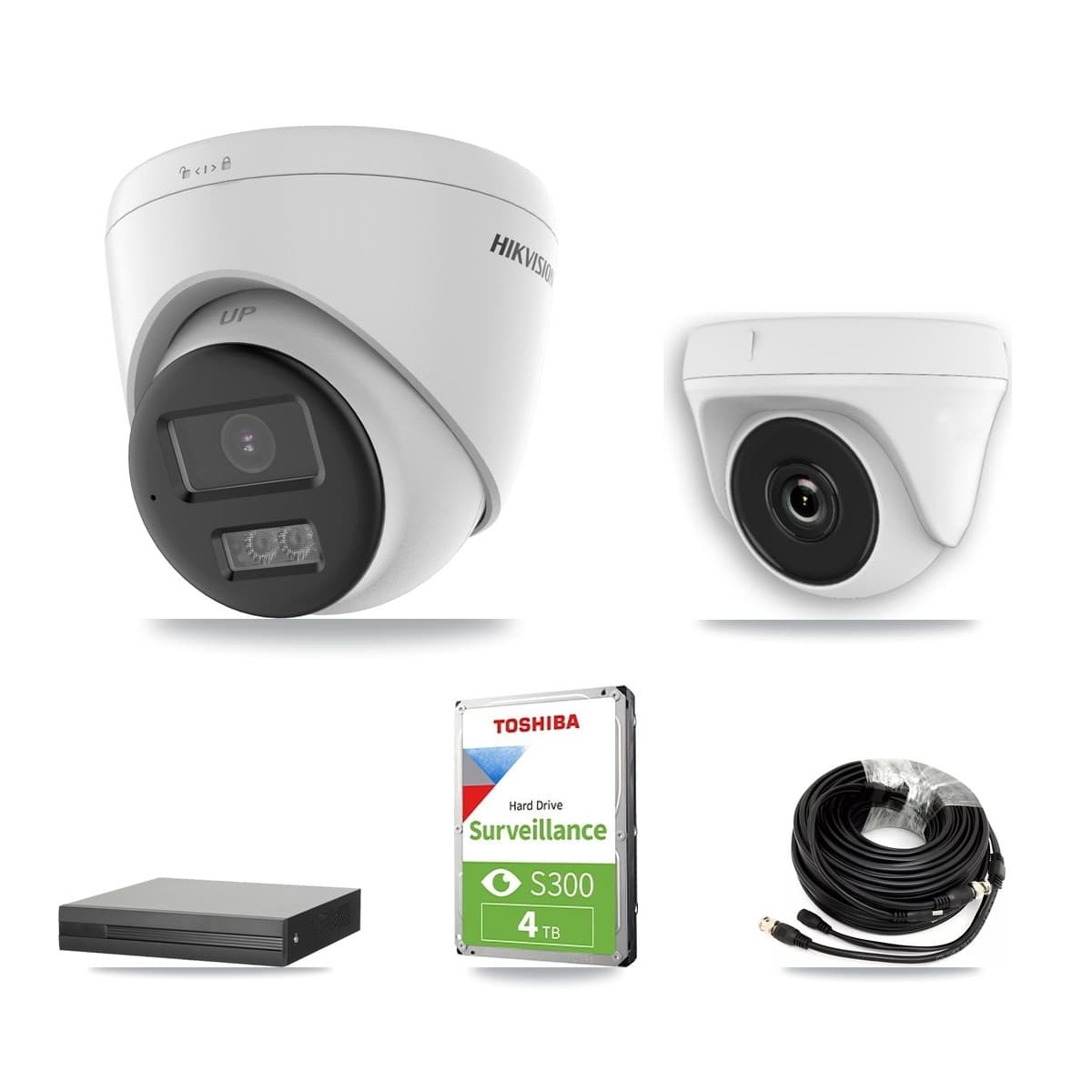 Hikvision 16-Channel 2MP – 5MP CCTV Kit — 2 DS-2CE78K0T-LTS 5MP Turret + 2 White HDT-2MP-N20W-2.8MM 2MP Dome Cameras + 4TB Recording (XVR-3116HS-5MP-LITE Recorder) - Image 1