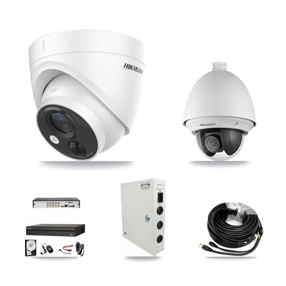 Hikvision & Dahua 8-Channel 2MP – 5MP CCTV Kit — 1 DS-2AE4225T 2MP PTZ + 2 DS-2CE71H0T 5MP Turret Cameras + 3TB Recording