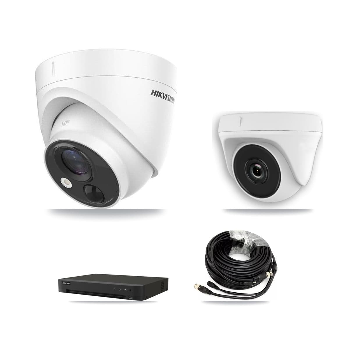 Hikvision 8-Channel 2MP – 5MP CCTV Kit — 2 DS-2CE71H0T-PIRLO 5MP Turret + 1 White HDT-2MP-N20W-2.8MM 2MP Dome Cameras + 3TB Recording (IDS-7208HUHI-M1/XT Recorder) - Image 1