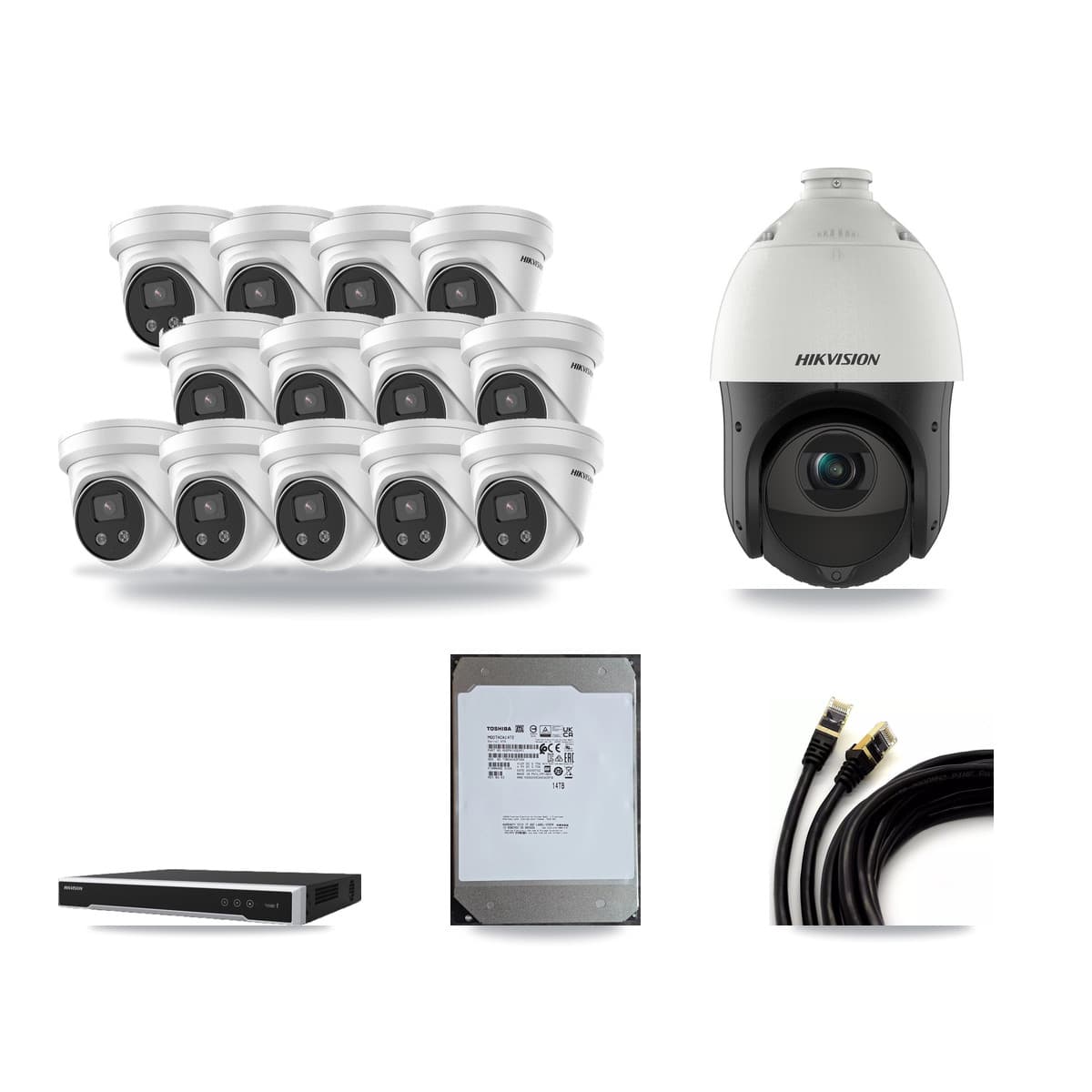 Hikvision 16-Channel 4MP – 5MP CCTV Kit — 13 5MP Turret + 1 4MP PTZ Cameras + 14TB Recording (DS-7616NI-M2 Recorder) - Image 1