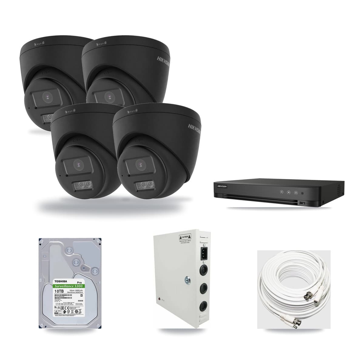 Hikvision 4-Channel 4K CCTV Kit — 4 Black Turret Cameras + 10TB Recording (DS-7204HUHI Recorder) - Image 1
