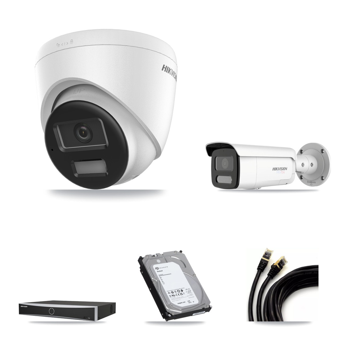 Hikvision DS-7604NXI-K1/4P 4-Channel NVR CCTV Kit — 1× DS-2CD1383G2-LIU Turret + 1× DS-2CD2T87G2H-LISU/SL-2.8MM-W White Bullet 4K Cameras + 6TB HDD