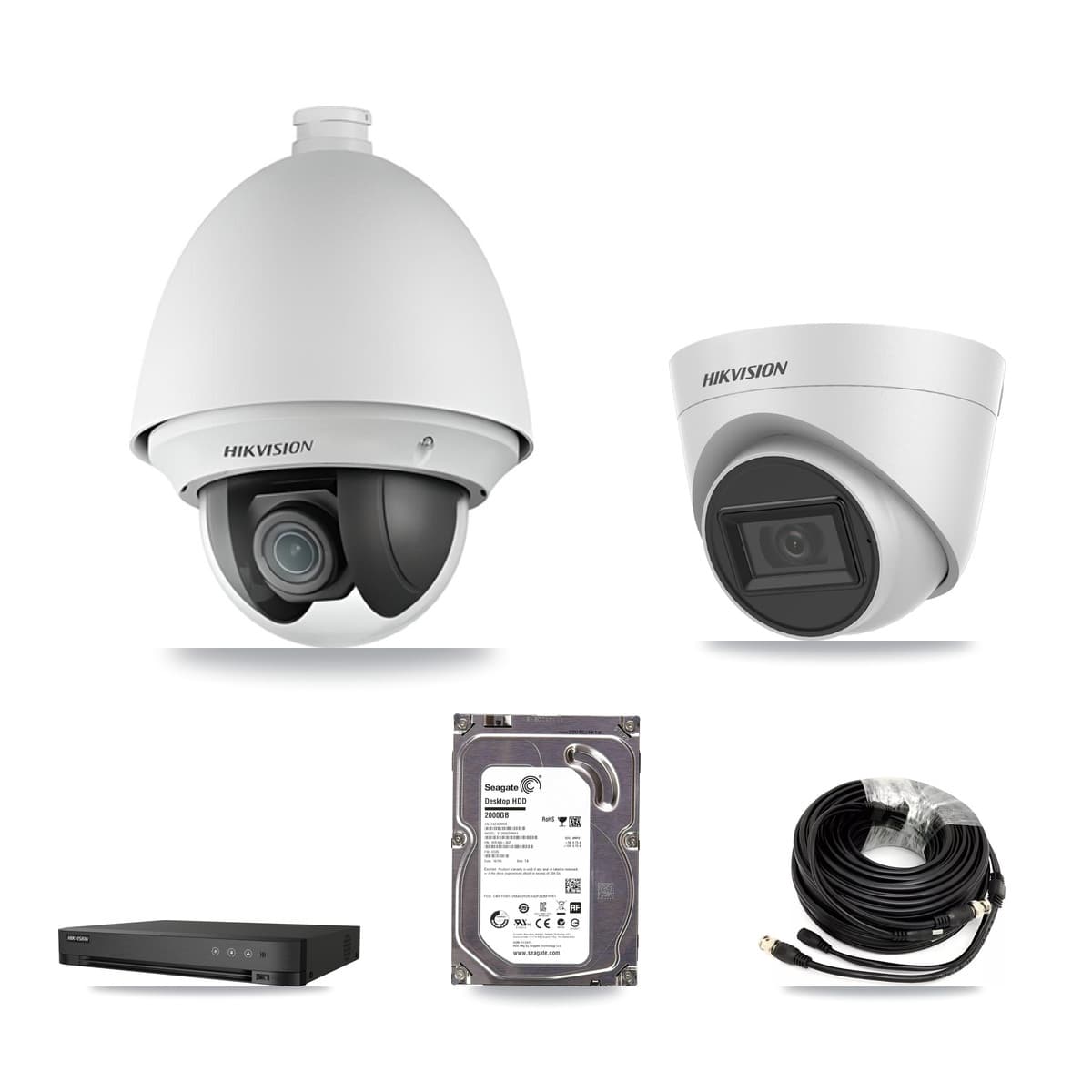 Hikvision 4-Channel 2MP – 5MP CCTV Kit — 1 2MP PTZ + 1 White 5MP Turret Cameras + 2TB Recording (IDS-7204HQHI Recorder)