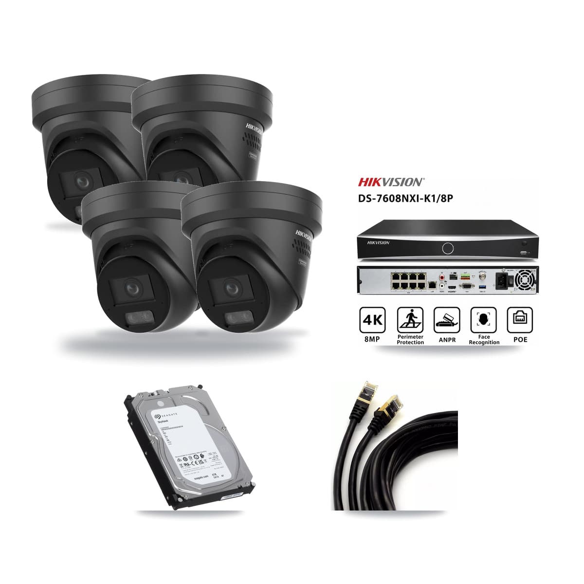 Hikvision 8-Channel 4K CCTV Kit — 4 Black Turret Cameras + 6TB Recording (DS-7608NXI Recorder) - Image 1
