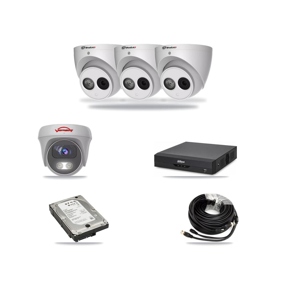 4-Channel 4MP – 5MP CCTV Kit — 3 4MP Turret + 1 White 5MP Cameras + 5TB Recording (DH-XVR5104HS Recorder) - Image 1