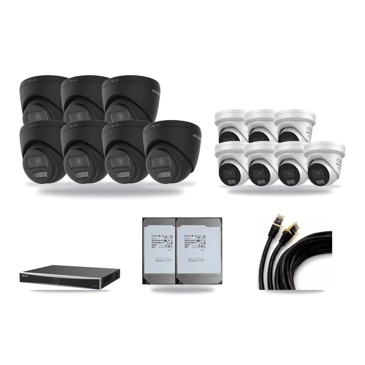 Hikvision 16-Channel 4MP – 4K CCTV Kit — 7 Black 4K + 7 4MP Turret Cameras + 2× 14TB Recording (DS-7616NXI Recorder) - Image 1