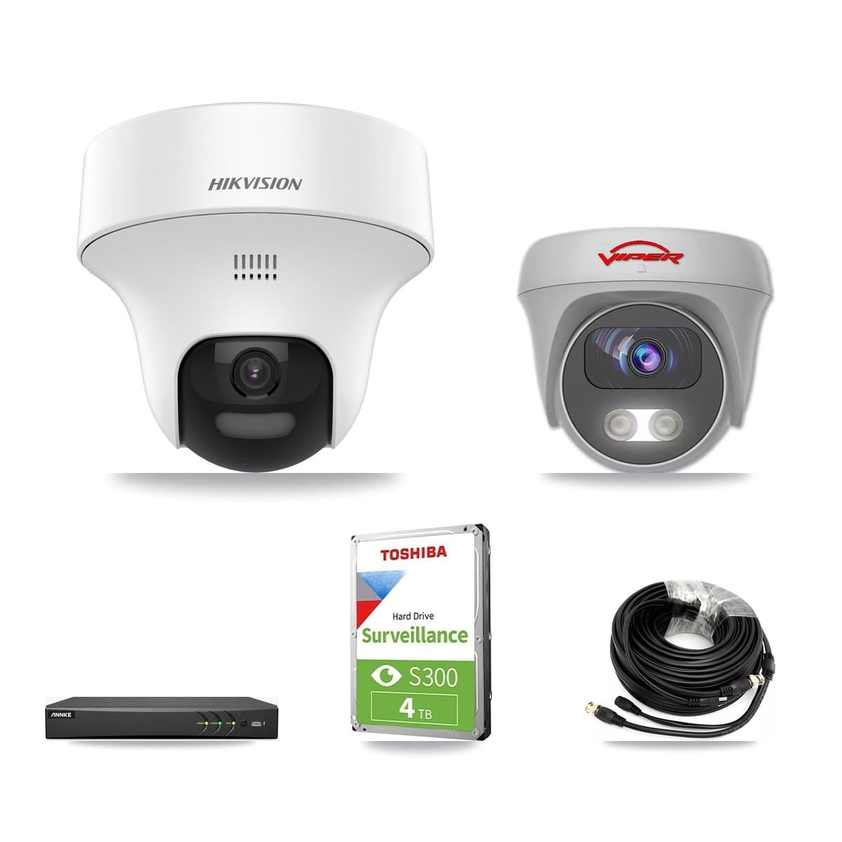 4-Channel 5MP CCTV Kit — 2 DS-2CE70K0T Turret + 1 White VIPER-5MP-3K Cameras + 4TB Recording (AN-DV4-8MP Recorder)