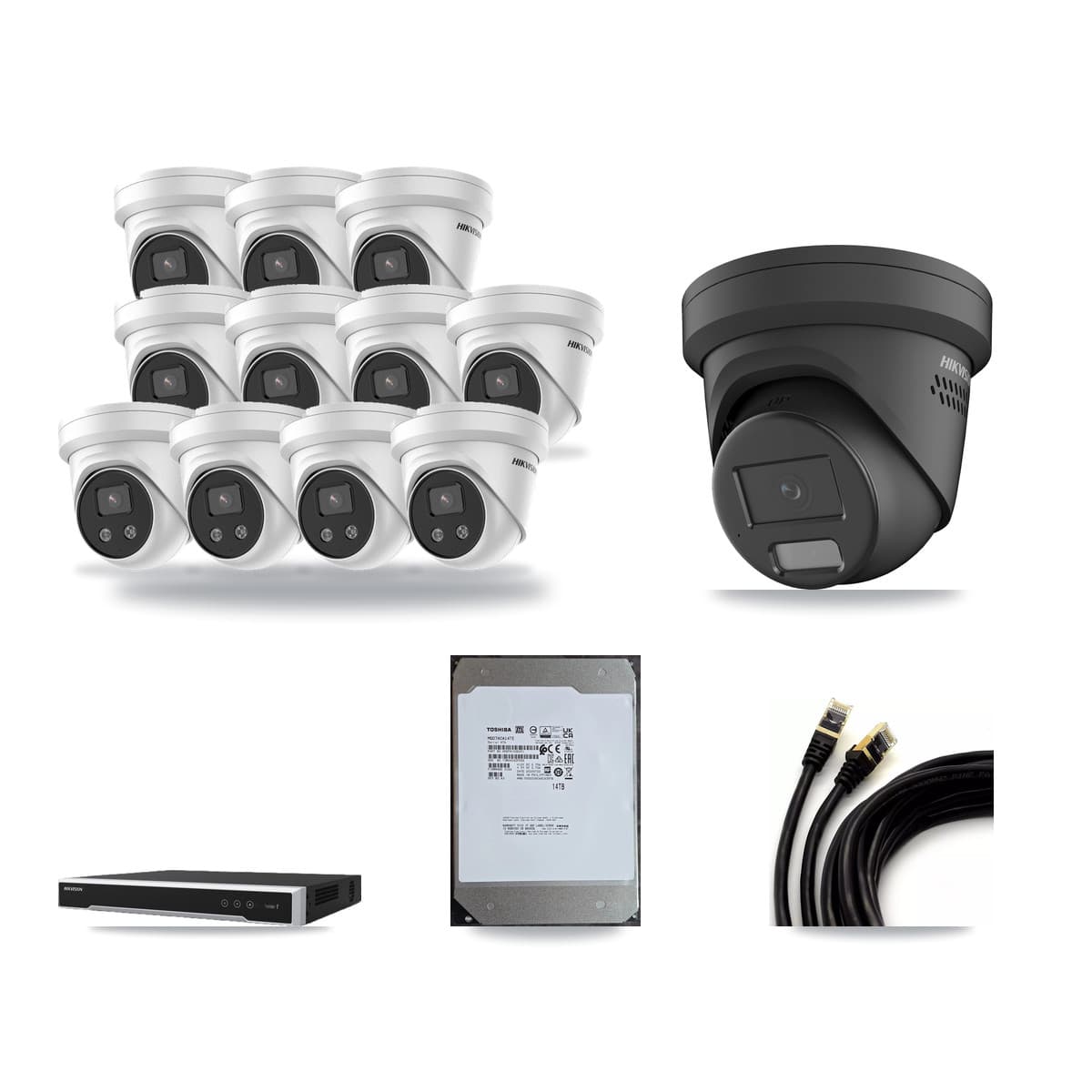 Hikvision 16-Channel 4MP – 5MP CCTV Kit — 1 Black 4MP + 11 5MP Turret Cameras + 14TB Recording (DS-7616NI-M2 Recorder) - Image 1