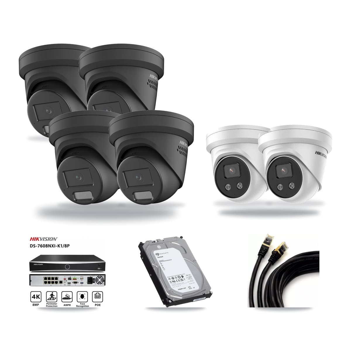 Hikvision 8-Channel 4MP – 5MP CCTV Kit — 4 Black 4MP + 2 5MP Turret Cameras + 6TB Recording (DS-7608NXI Recorder) - Image 1