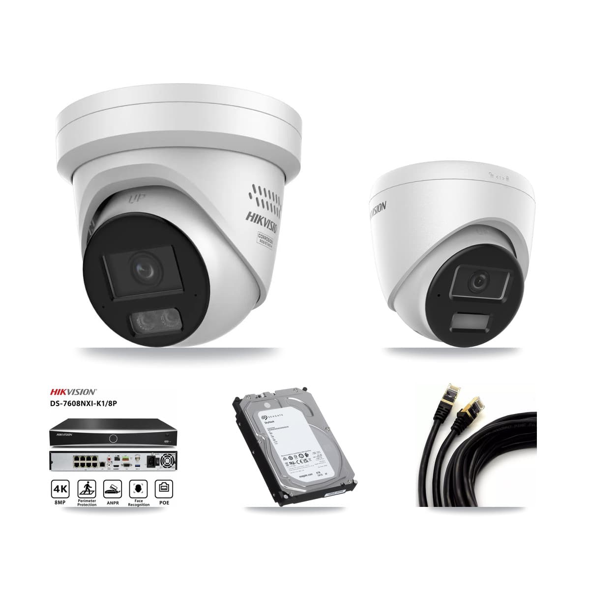 Hikvision 8-Channel 4MP CCTV Kit — 1 DS-2CD1343G2 + 3 DS-2CD2347G3 Turret Cameras + 6TB Recording