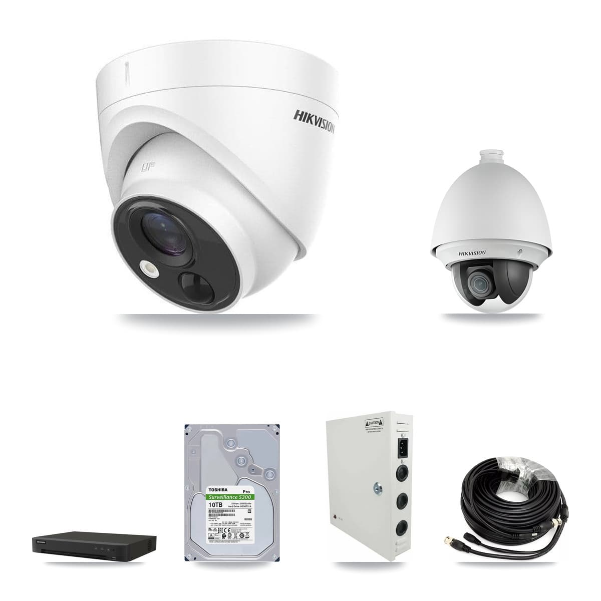 Hikvision 8-Channel 2MP – 5MP CCTV Kit — 1 DS-2AE4225T-A 2MP PTZ + 7 DS-2CE71H0T-PIRLO 5MP Turret Cameras + 10TB Recording (IDS-7208HUHI-M1/XT Recorder)