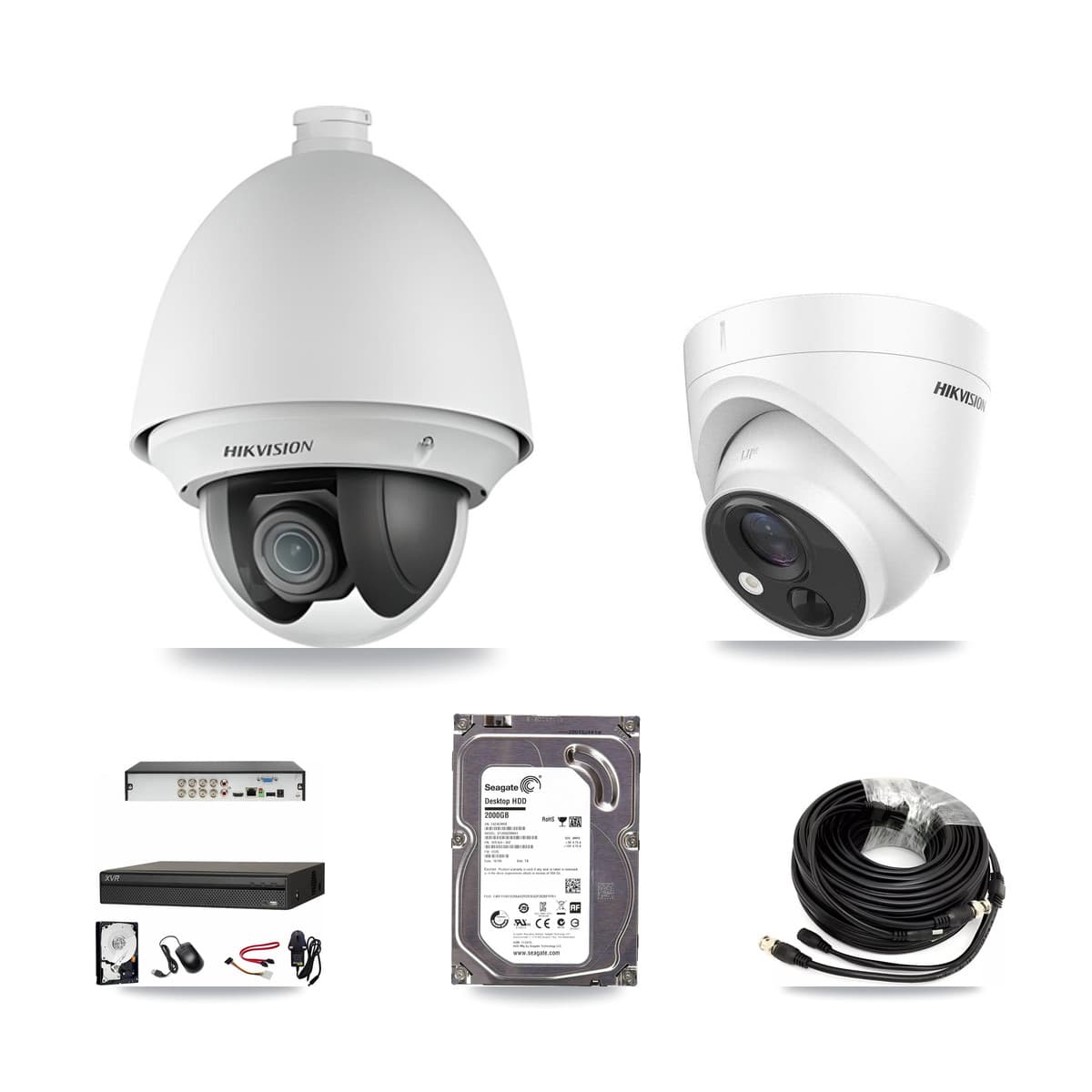 Hikvision & Dahua 8-Channel 2MP – 5MP CCTV Kit — 1 DS-2AE4225T 2MP PTZ + 1 DS-2CE71H0T 5MP Turret Cameras + 2TB Recording (XVR-3108AD Recorder)