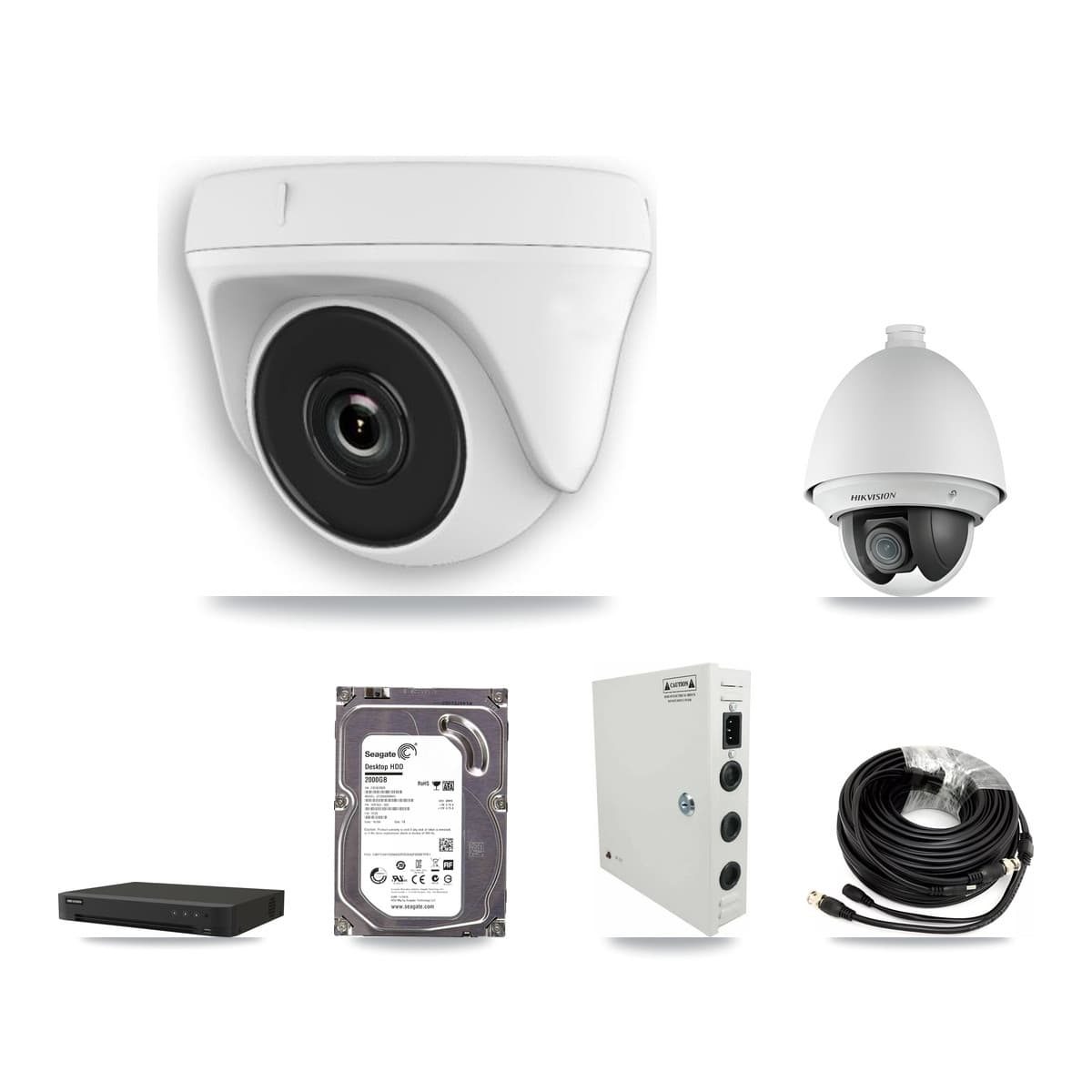 Hikvision 8-Channel 2MP CCTV Kit — 1 DS-2AE4225T-A PTZ + 2 White HDT-2MP-N20W-2.8MM Dome Cameras + 2TB Recording (IDS-7208HUHI-M1/XT Recorder)