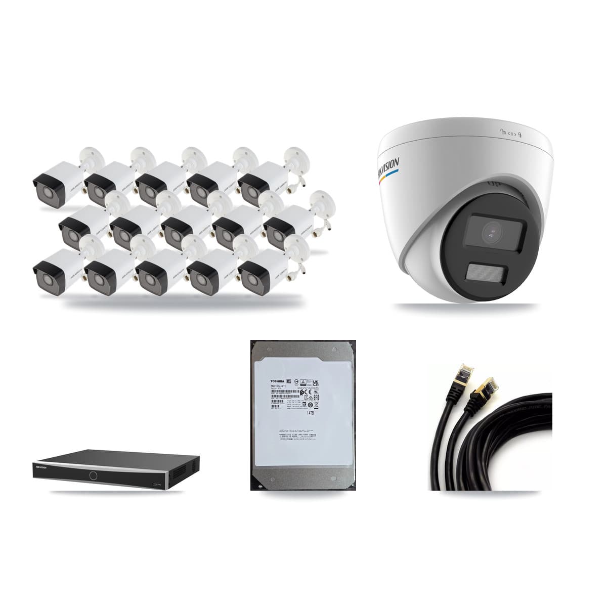 Hikvision 16-Channel 2MP – 5MP CCTV Kit — 15 5MP Bullet + 1 2MP Turret Cameras + 14TB Recording (DS-7616NXI Recorder) - Image 1