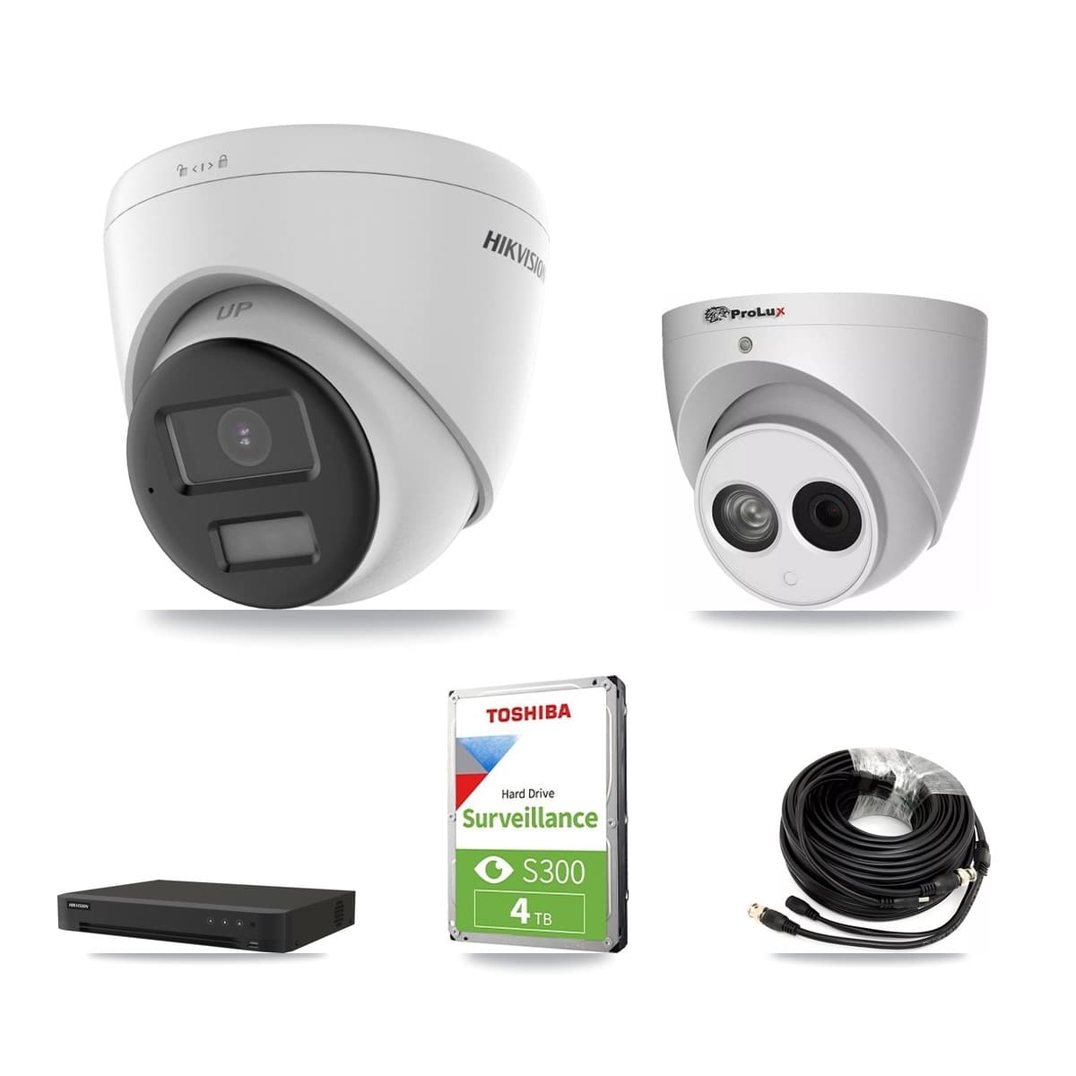 Hikvision & Prolux 8-Channel 4MP – 4K CCTV Kit — 1 DS-2CE78U0T-LPTS 4K + 1 PXC-612C4W-A-POC 4MP Turret Cameras + 4TB Recording (IDS-7208HUHI-M1/XT Recorder) - Image 1