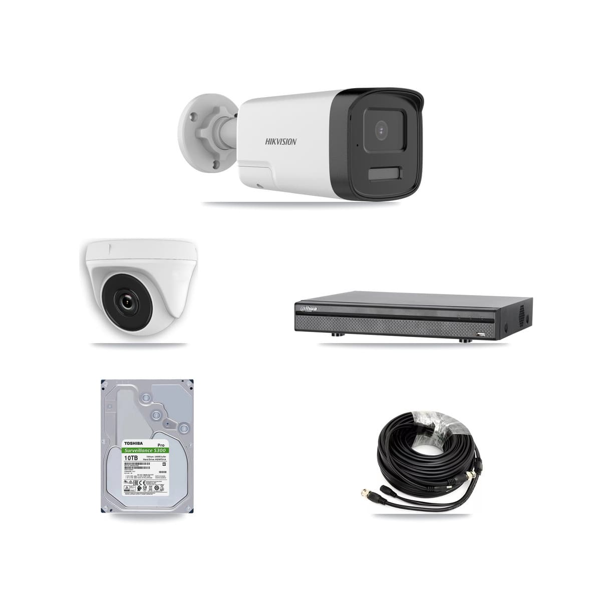Hikvision & Dahua 8-Channel 2MP – 5MP CCTV Kit — 7 DS-2CE17K0T 5MP Bullet + 1 White HDT-2MP-N20W 2MP Dome Cameras + 10TB Recording