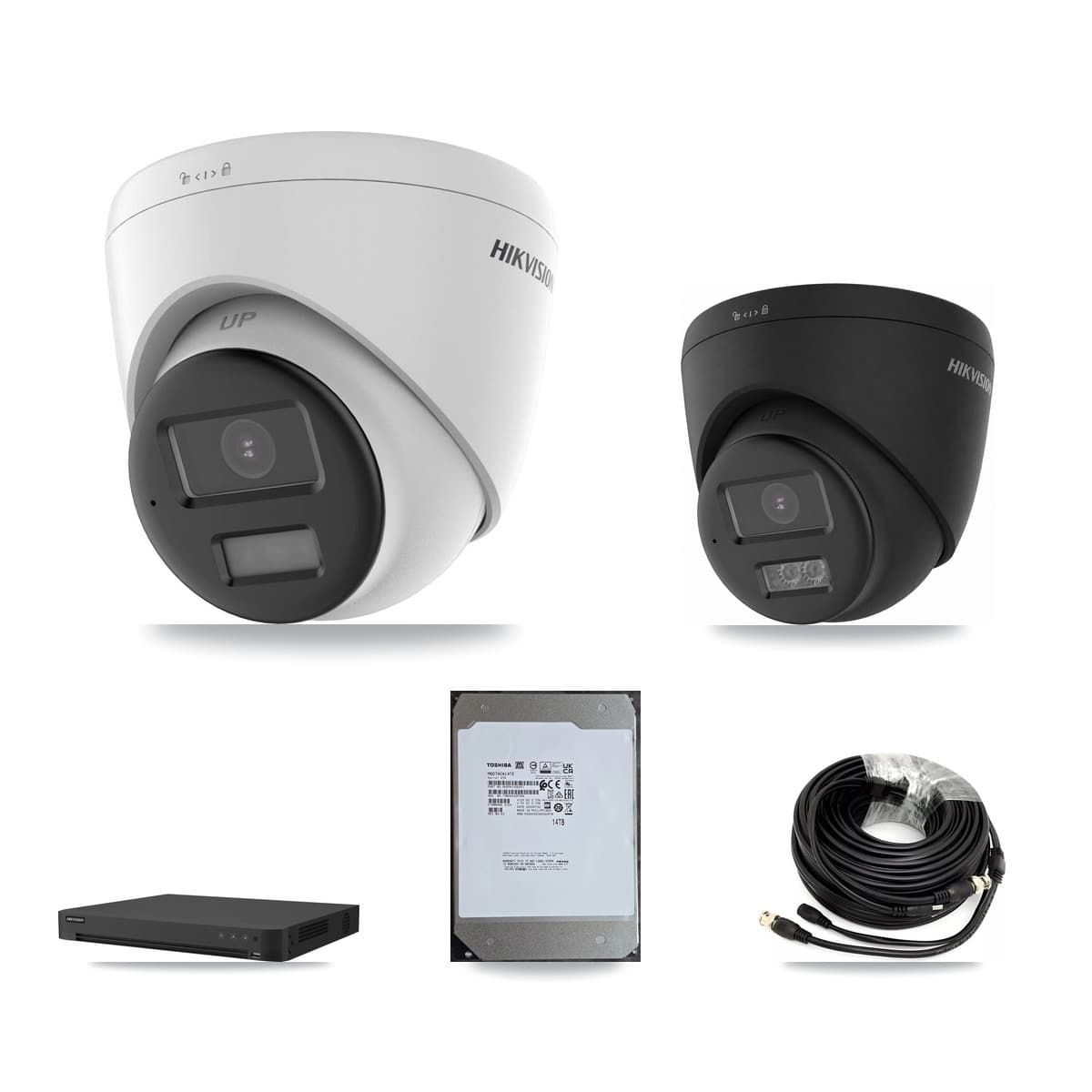 Hikvision 16-Channel 5MP – 4K CCTV Kit — 5 DS-2CE78K0T-LPTS 5MP + 2 Black DS-2CE78U0T-LTS-BLACK 4K Turret Cameras + 14TB Recording (IDS-7216HUHI-M2/XT Recorder)