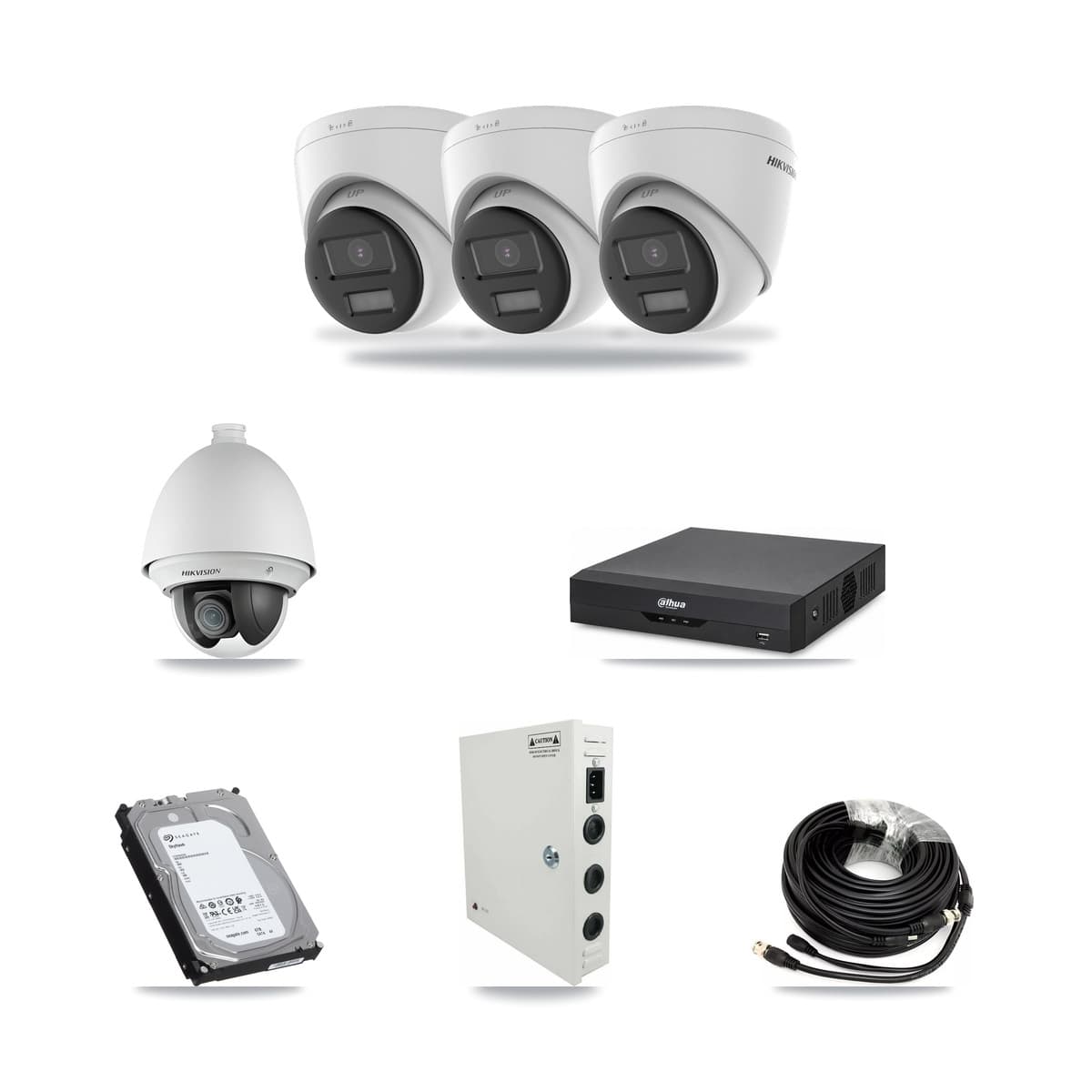 Hikvision & Dahua 4-Channel 2MP – 4K CCTV Kit — 1 2MP PTZ + 3 4K Turret Cameras + 6TB Recording - Image 1