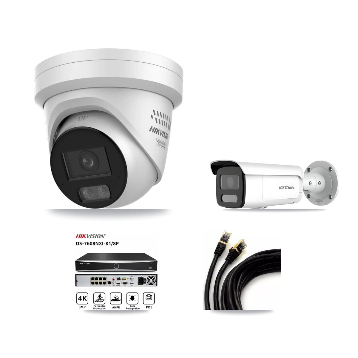 Hikvision 8-Channel 4MP CCTV Kit — 1 Turret + 1 Bullet Cameras + 3TB Recording (DS-7608NXI Recorder)