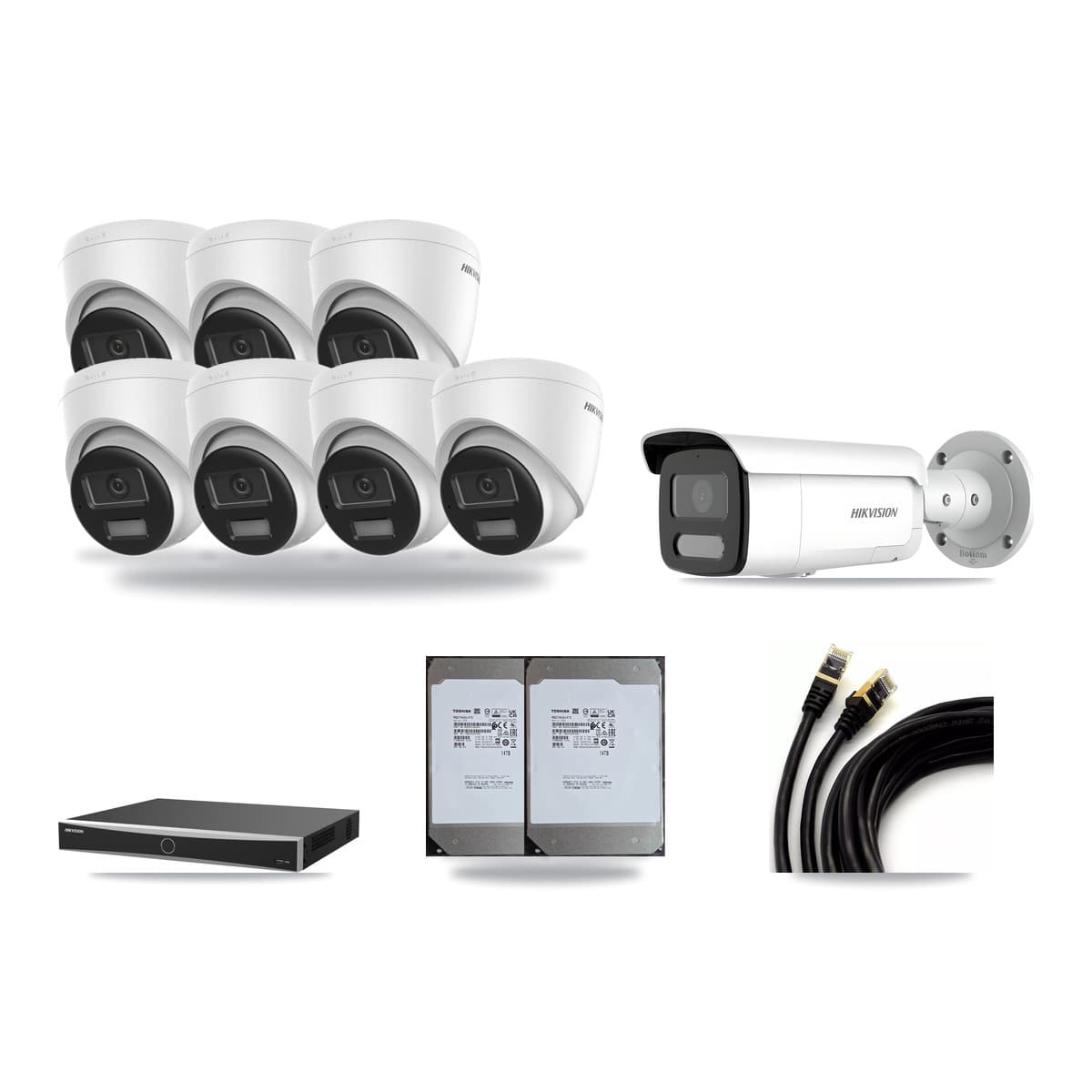 Hikvision 16-Channel 4MP – 4K CCTV Kit — 7 DS-2CD1383G2-LIU 4K Turret + 1 DS-2CD2T47G2H-LISU/SL 4MP Bullet Cameras + 2× 14TB Recording (DS-7616NXI-K2/16P(E) Recorder) - Image 1