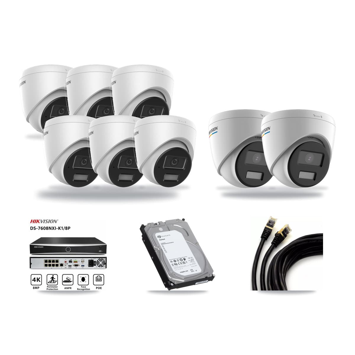 Hikvision 8-Channel 2MP – 4MP CCTV Kit — 2 2MP + 6 4MP Turret Cameras + 6TB Recording (DS-7608NXI Recorder) - Image 1