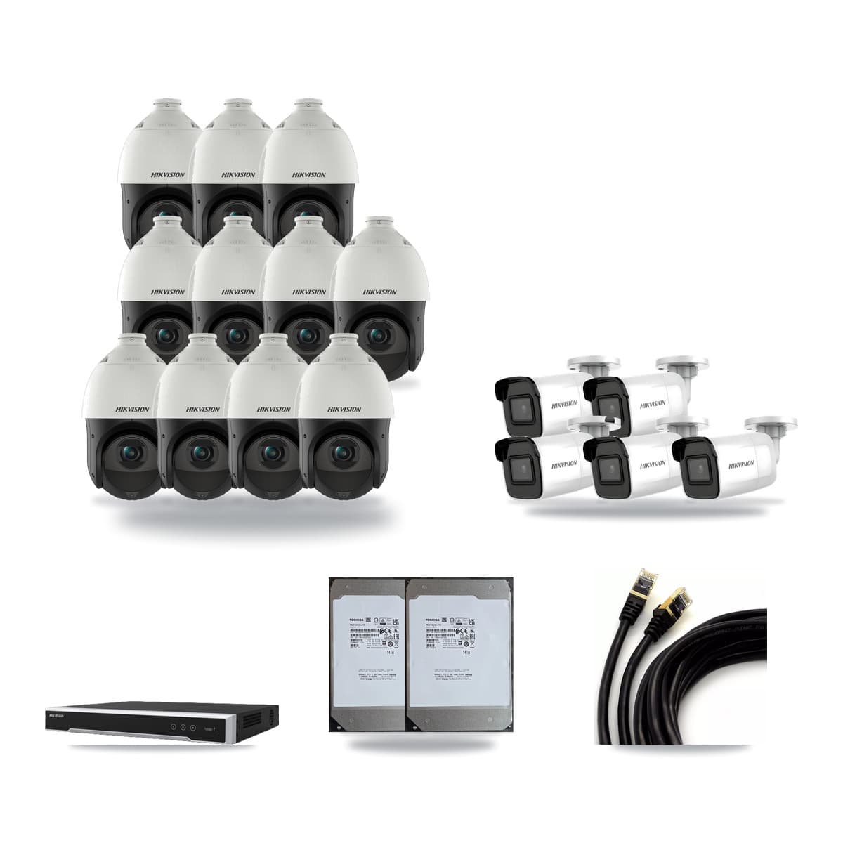 Hikvision 16-Channel 4MP – 4K CCTV Kit — 5 4K Bullet + 11 4MP PTZ Cameras + 2× 14TB Recording (DS-7616NI-M2 Recorder) - Image 1