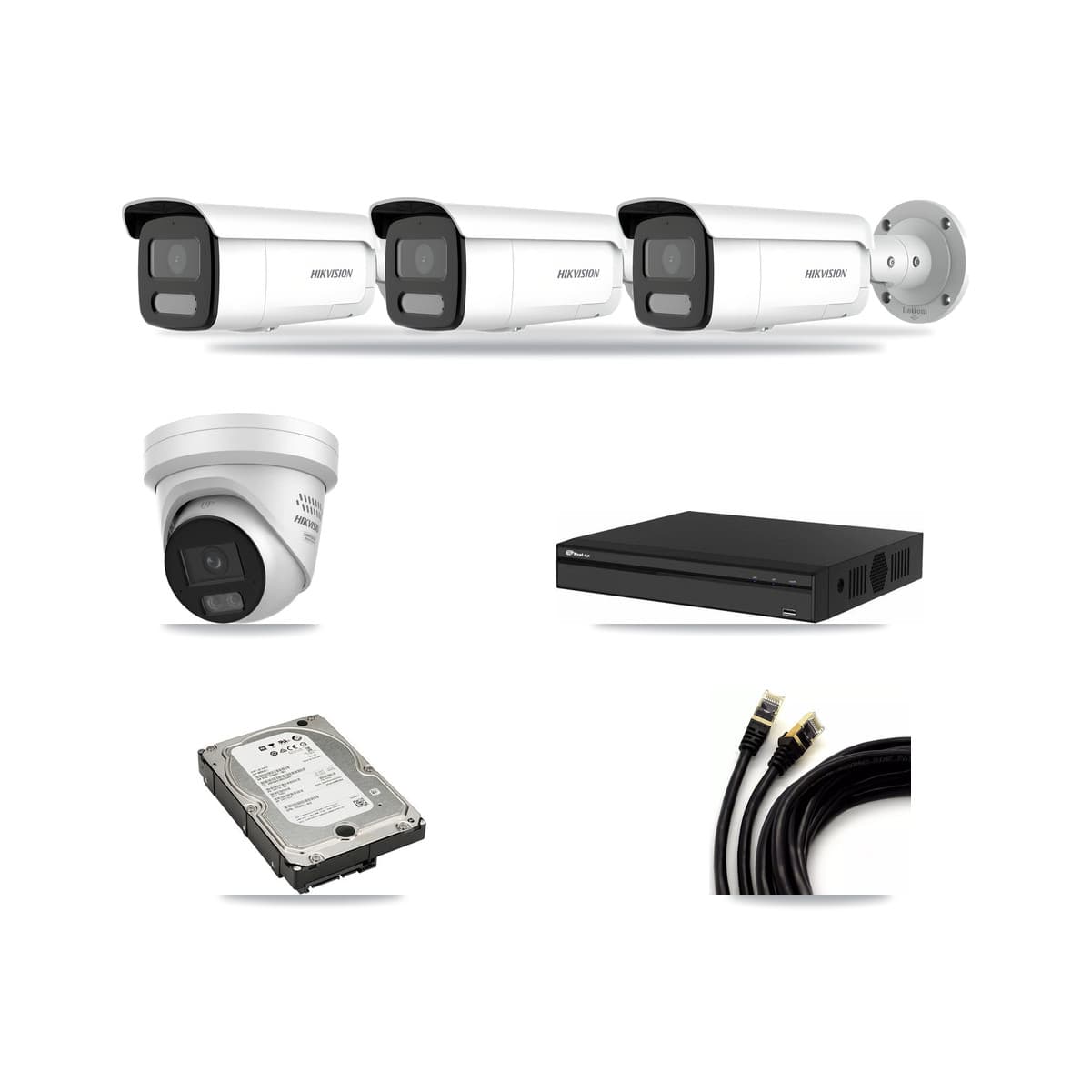 Hikvision & Prolux 4-Channel 4MP CCTV Kit — 1 DS-2CD2347G3 Turret + 3 DS-2CD2T47G2H Bullet Cameras + 5TB Recording - Image 1