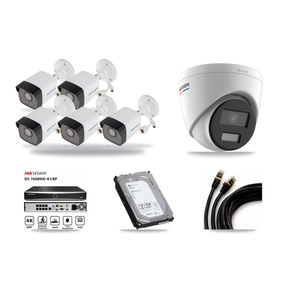 Hikvision 8-Channel 2MP – 5MP CCTV Kit — 5 5MP Bullet + 1 2MP Turret Cameras + 6TB Recording (DS-7608NXI Recorder) - Image 1