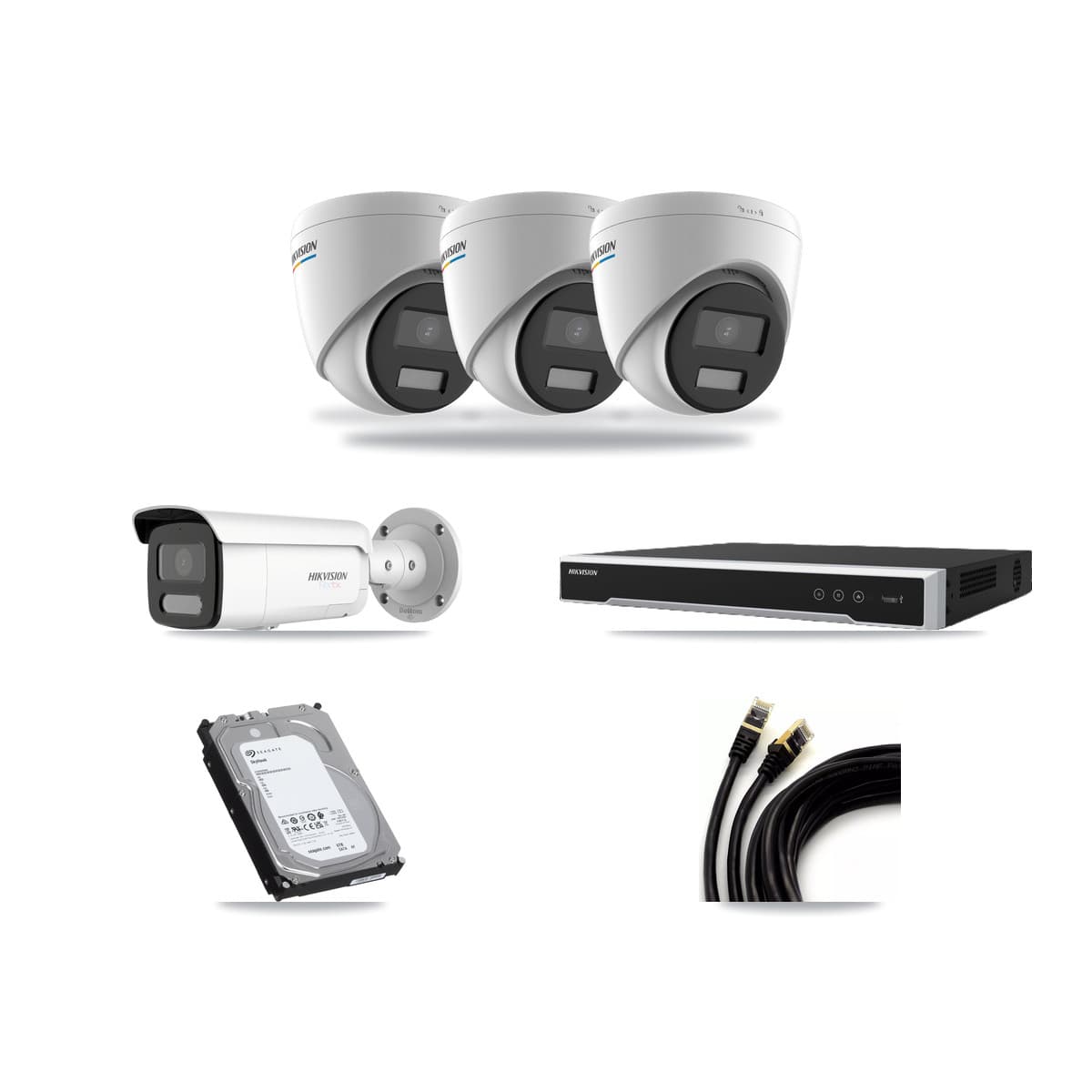 Hikvision 8-Channel 2MP – 4K CCTV Kit — 3 2MP Turret + 1 White 4K Bullet Cameras + 6TB Recording (DS-7608NI-M2 Recorder) - Image 1