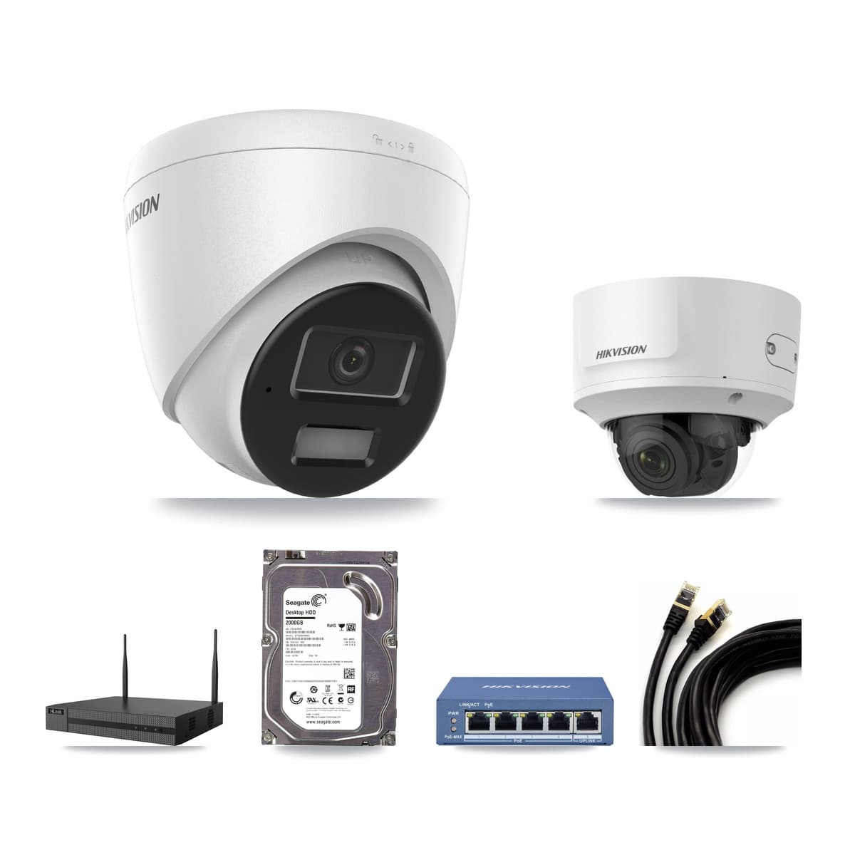Hikvision & HiLook 4-Channel 2MP – 4MP CCTV Kit — 1 4MP Turret + 1 2MP Dome Cameras + 2TB Recording