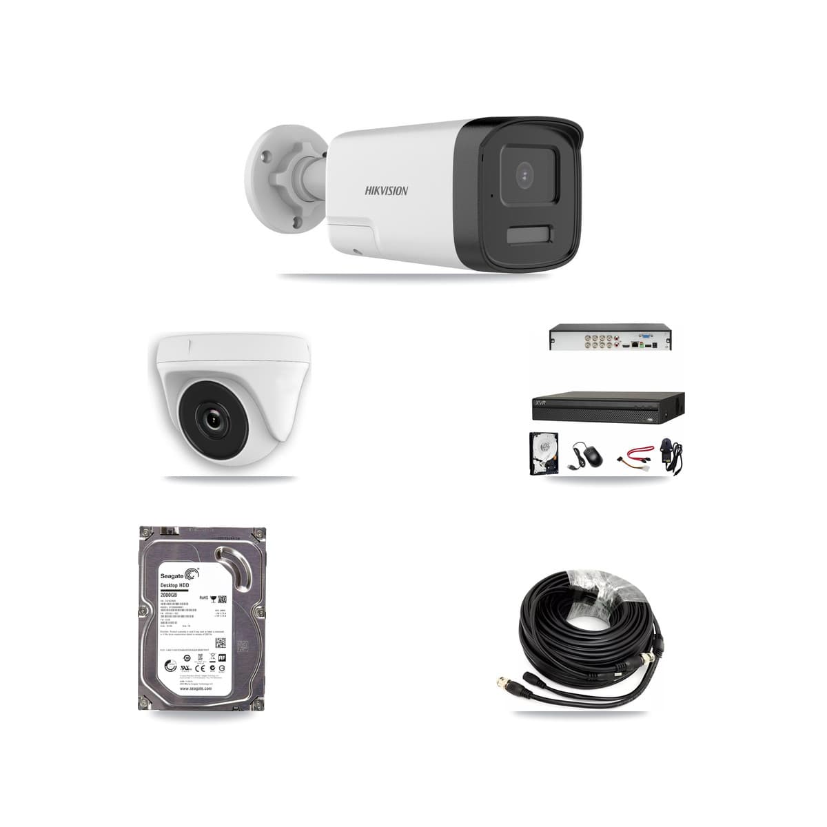 Hikvision & Dahua 8-Channel 2MP – 5MP CCTV Kit — 1 DS-2CE17K0T 5MP Bullet + 1 White HDT-2MP-N20W 2MP Dome Cameras + 2TB Recording