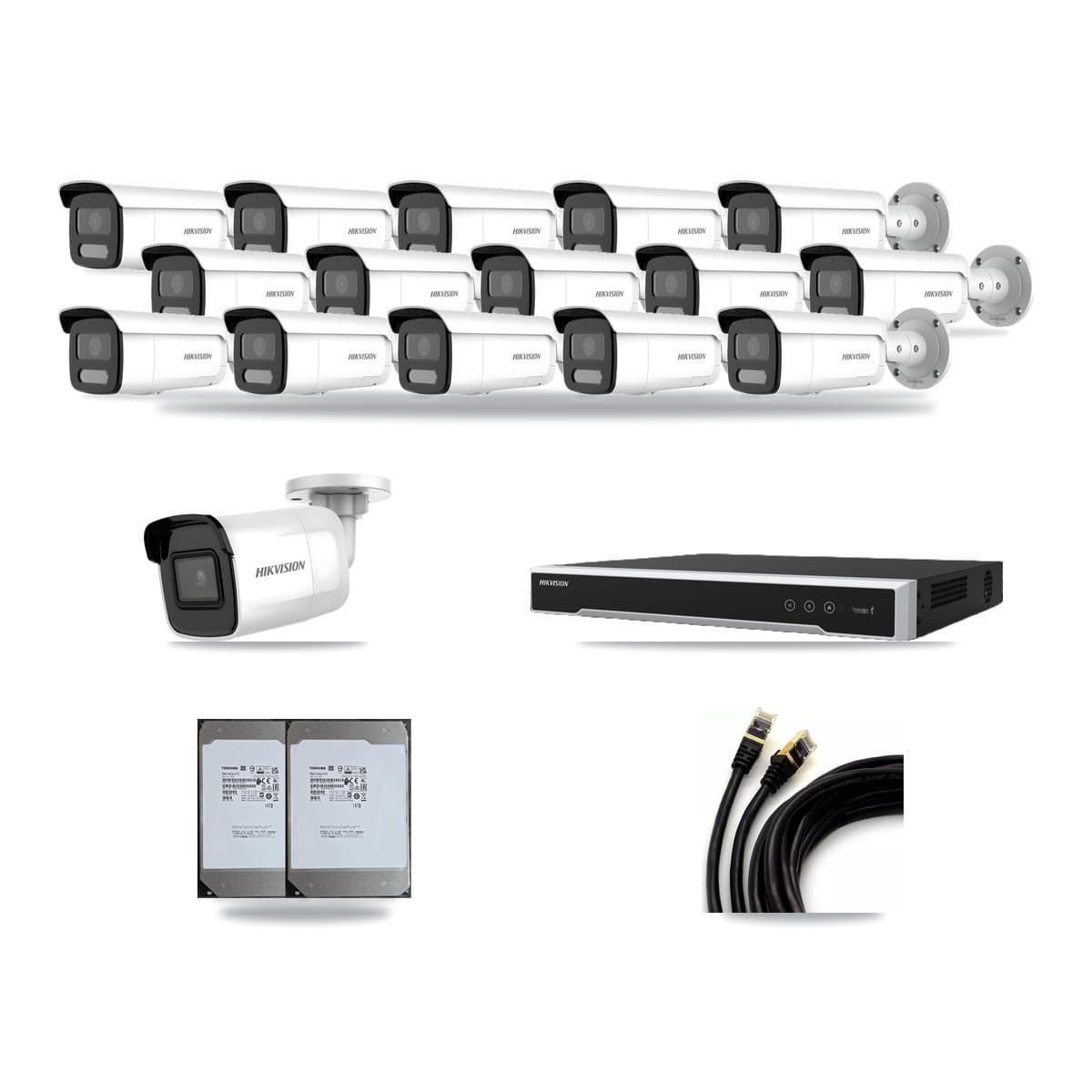 Hikvision 16-Channel 4MP – 4K CCTV Kit — 1 4K + 15 4MP Bullet Cameras + 2× 14TB Recording (DS-7616NI-M2 Recorder) - Image 1